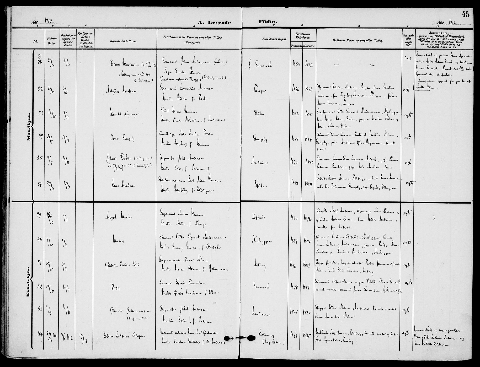 Nøtterøy kirkebøker, AV/SAKO-A-354/F/Fa/L0010: Parish register (official) no. I 10, 1908-1919, p. 45