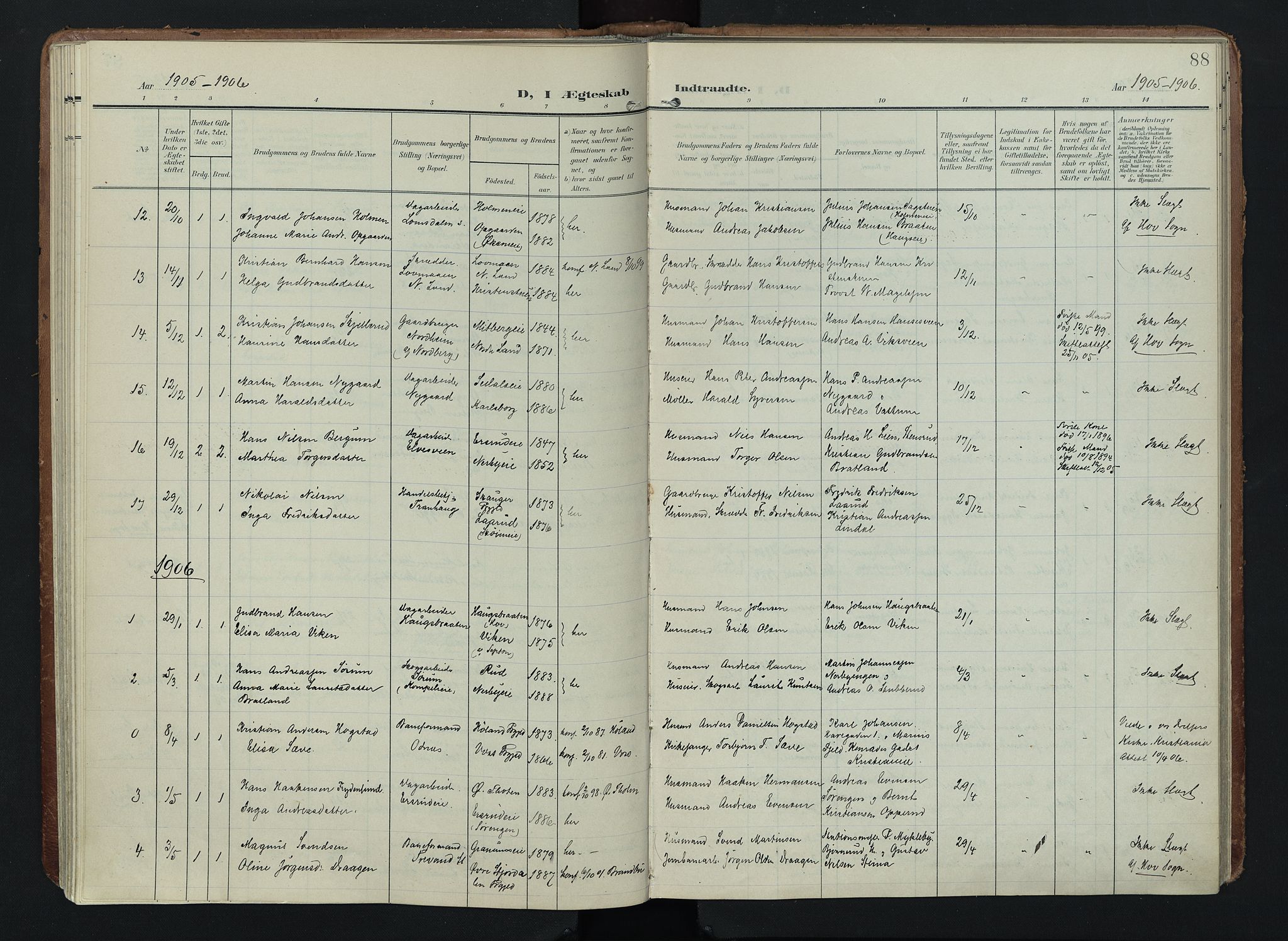 Søndre Land prestekontor, AV/SAH-PREST-122/K/L0005: Parish register (official) no. 5, 1905-1914, p. 88