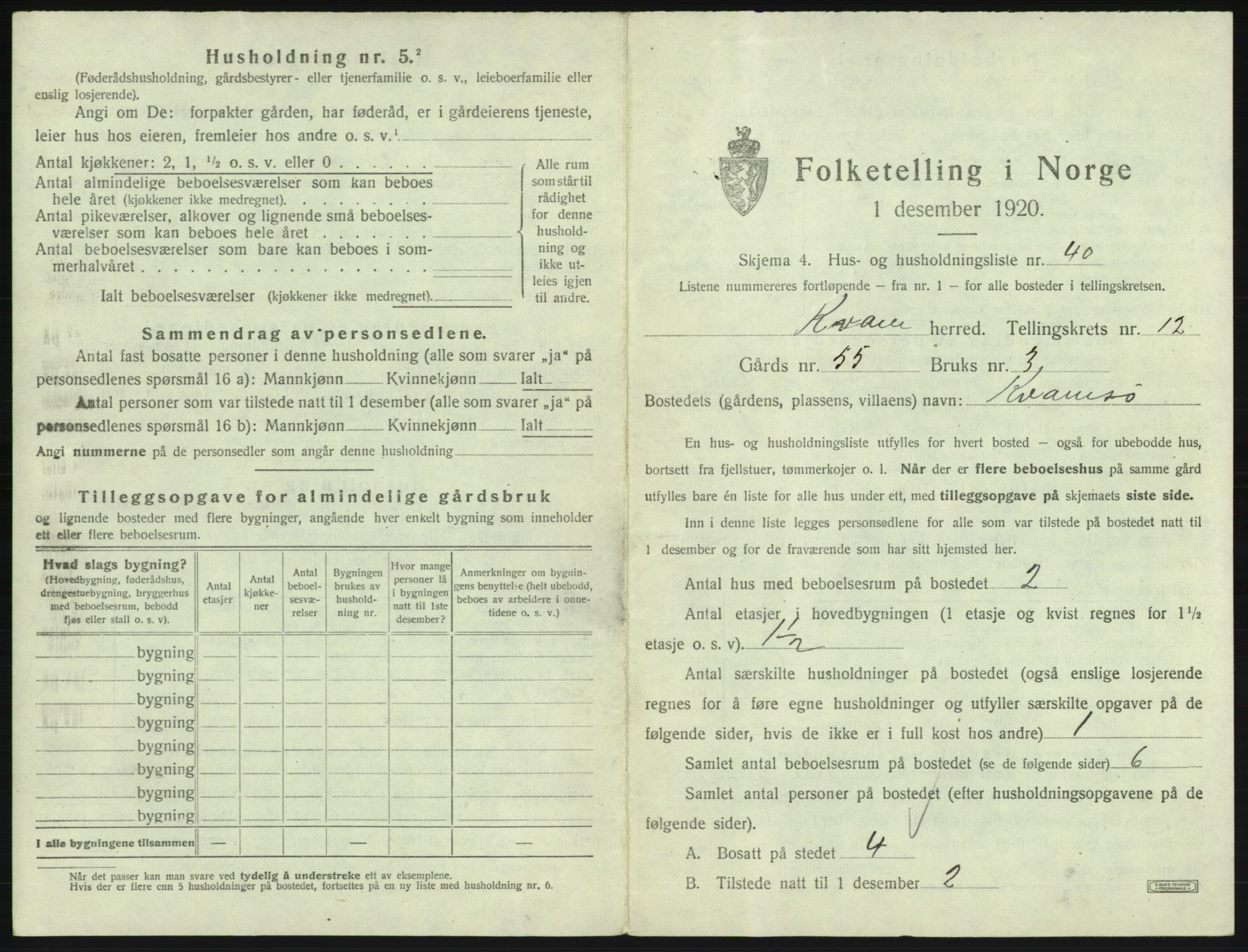 SAB, 1920 census for Kvam, 1920, p. 1113