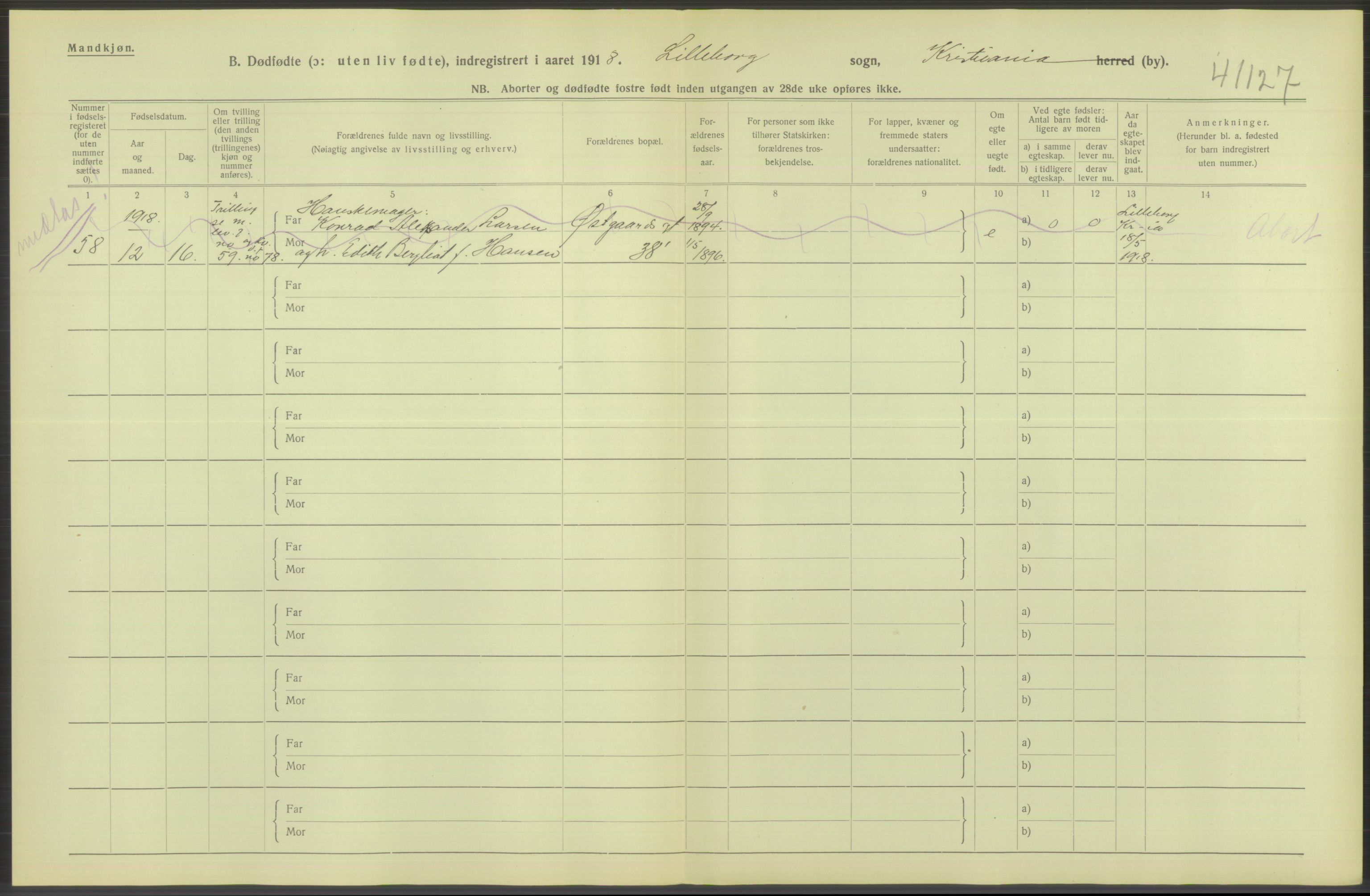 Statistisk sentralbyrå, Sosiodemografiske emner, Befolkning, RA/S-2228/D/Df/Dfb/Dfbh/L0011: Kristiania: Døde, dødfødte, 1918, p. 596