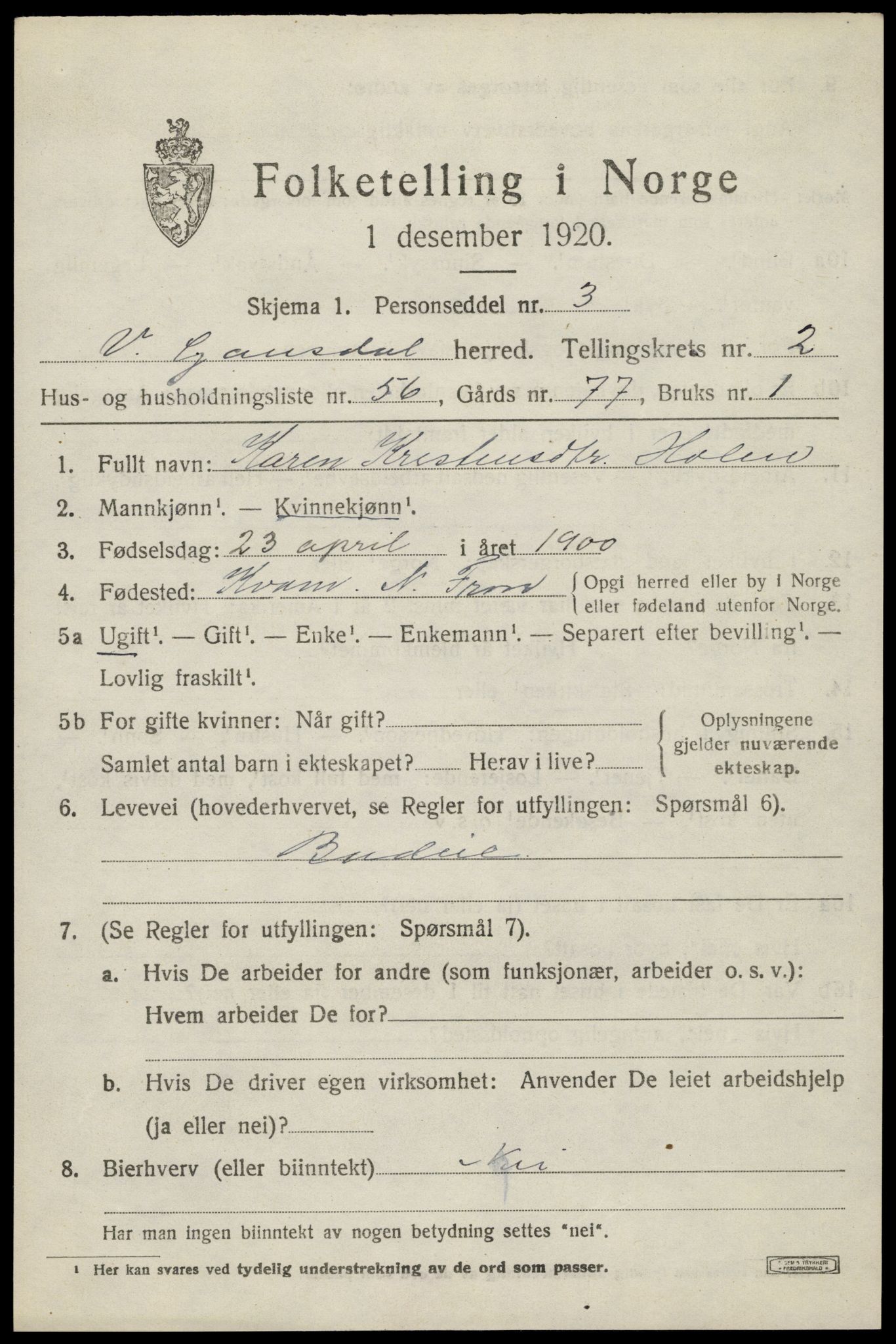 SAH, 1920 census for Vestre Gausdal, 1920, p. 2331