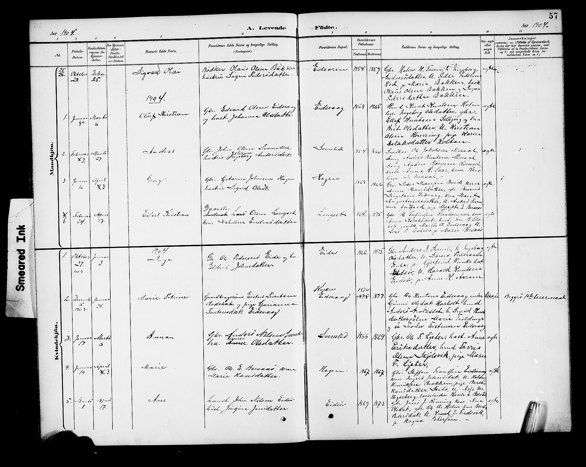 Ministerialprotokoller, klokkerbøker og fødselsregistre - Møre og Romsdal, SAT/A-1454/551/L0632: Parish register (copy) no. 551C04, 1894-1920, p. 57