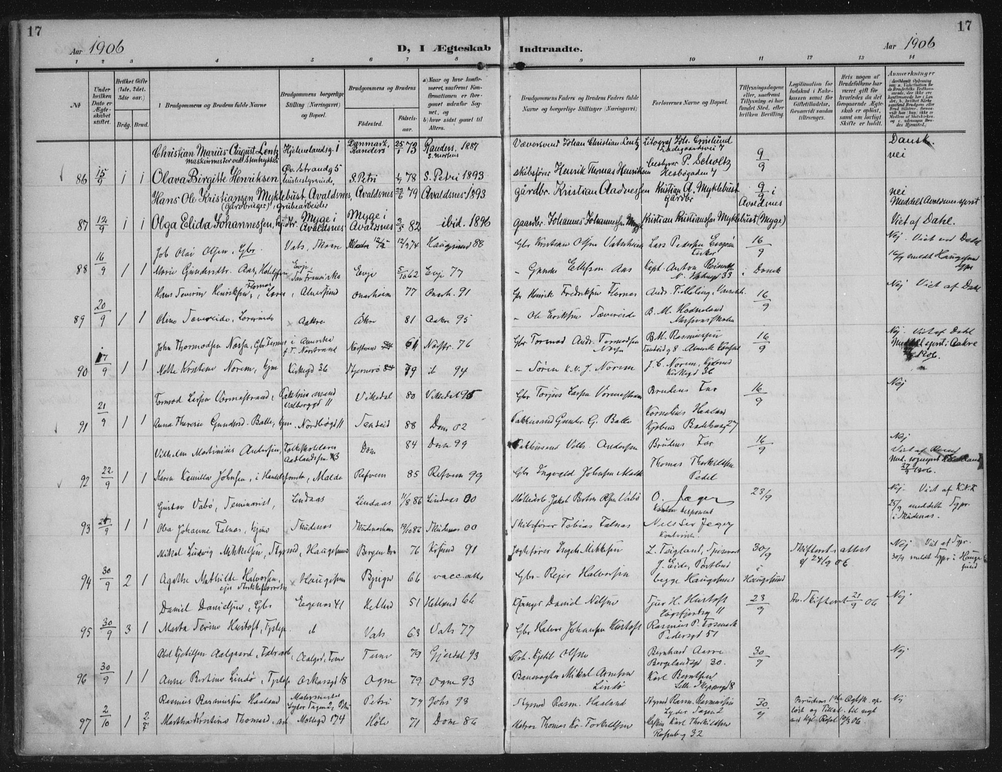 Domkirken sokneprestkontor, AV/SAST-A-101812/002/A/L0016: Parish register (official) no. A 33, 1905-1922, p. 17