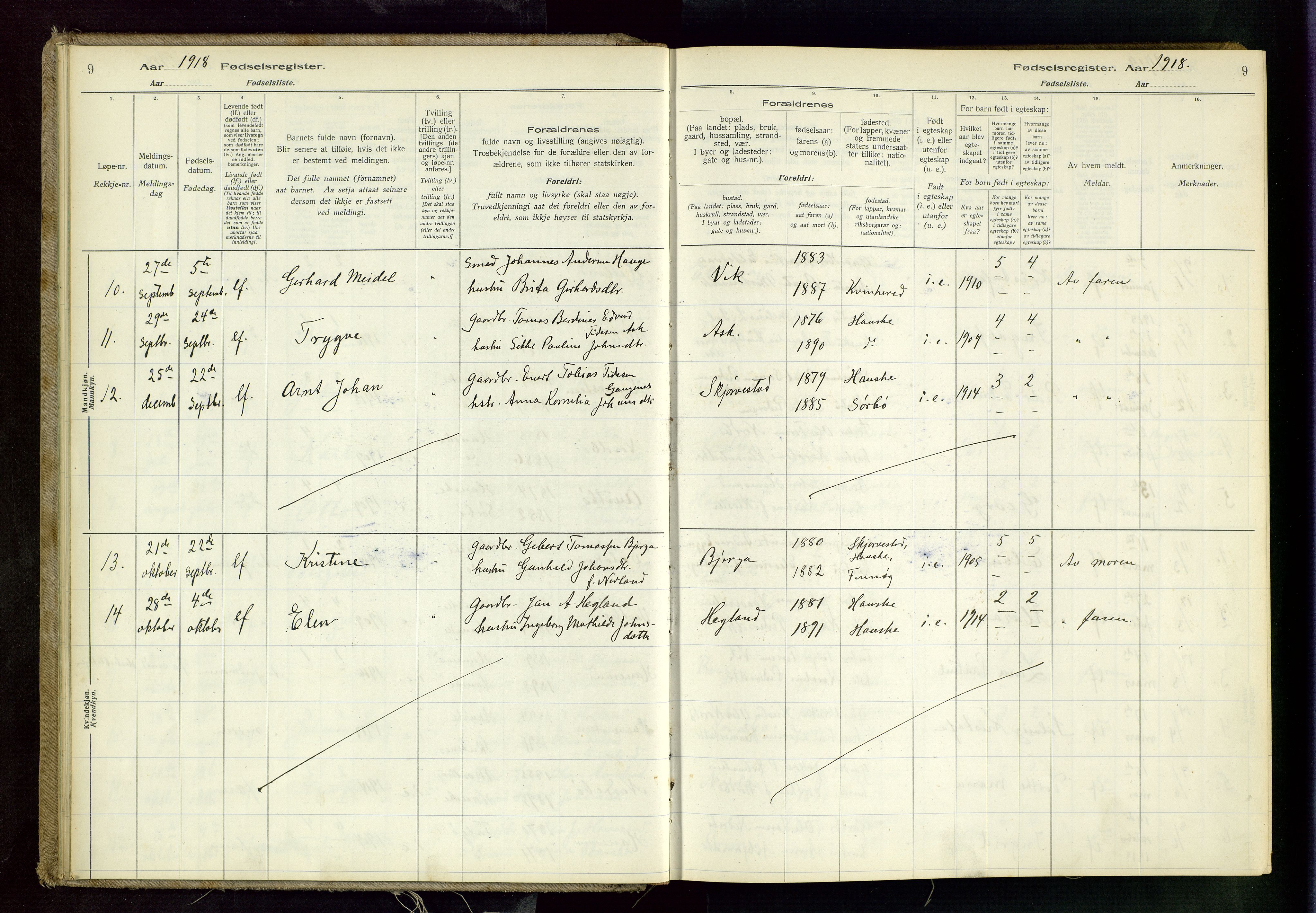 Rennesøy sokneprestkontor, AV/SAST-A -101827/I/Id/L0001: Birth register no. 1, 1916-1982, p. 9