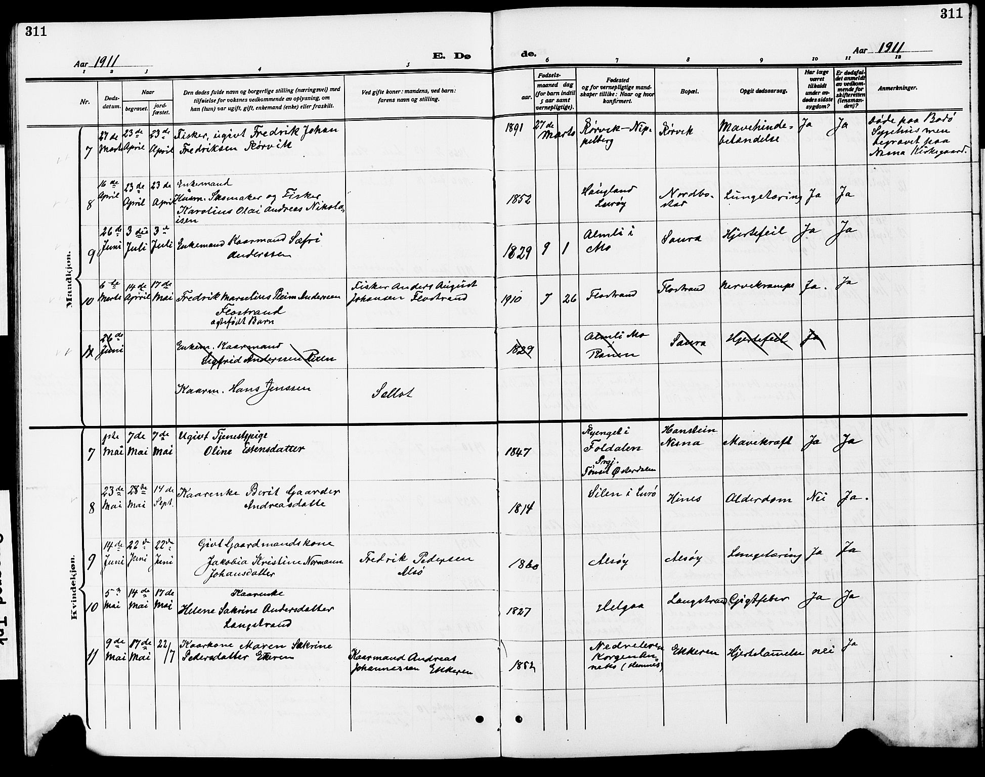 Ministerialprotokoller, klokkerbøker og fødselsregistre - Nordland, AV/SAT-A-1459/838/L0560: Parish register (copy) no. 838C07, 1910-1928, p. 311