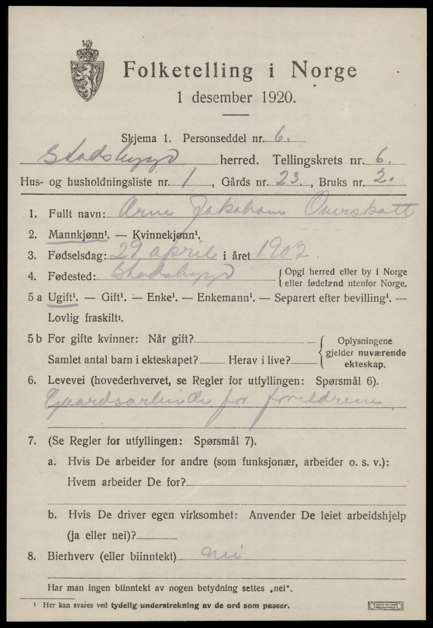 SAT, 1920 census for Stadsbygd, 1920, p. 3054