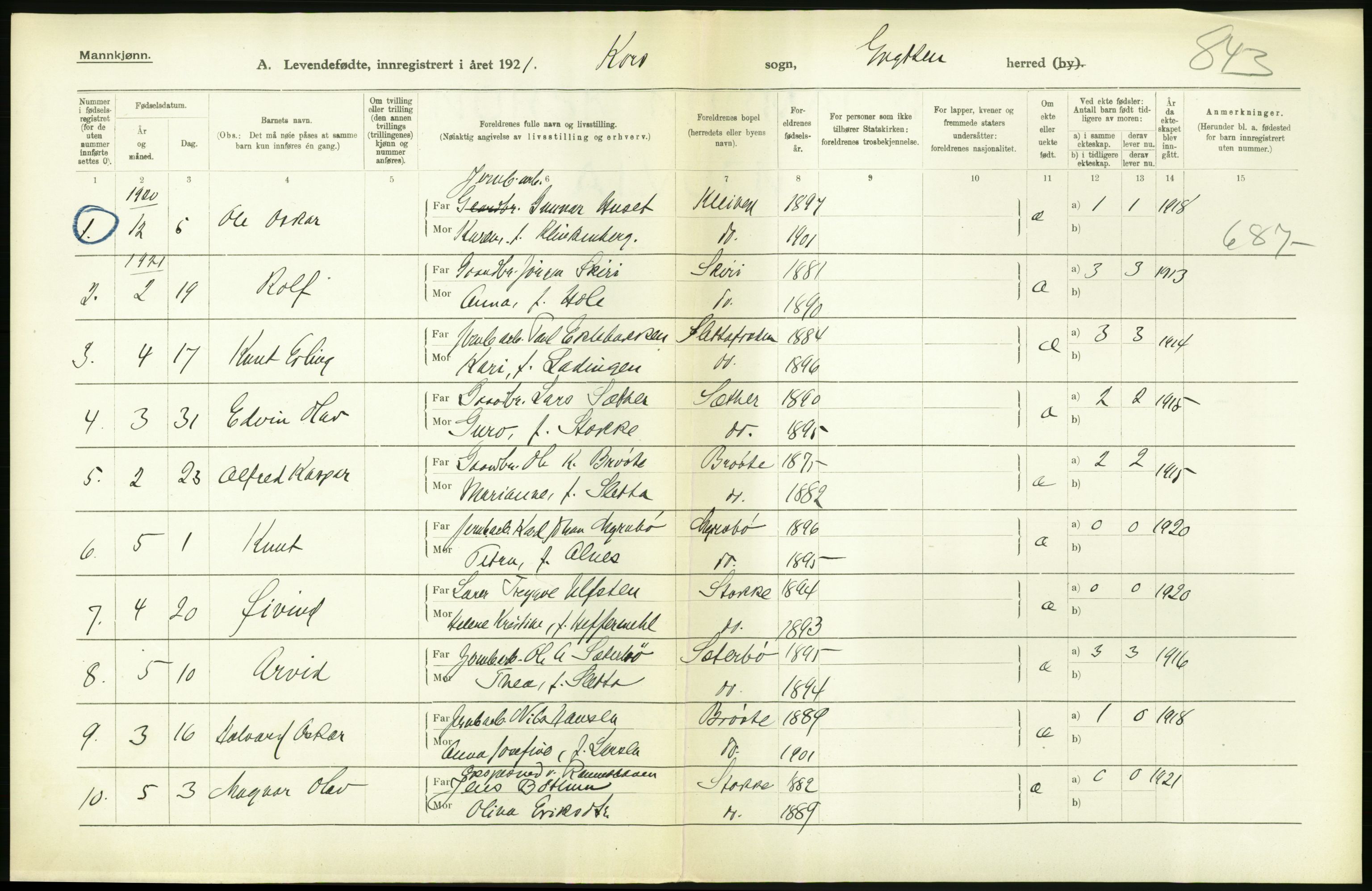 Statistisk sentralbyrå, Sosiodemografiske emner, Befolkning, AV/RA-S-2228/D/Df/Dfc/Dfca/L0040: Møre fylke: Levendefødte menn og kvinner. Bygder., 1921, p. 346