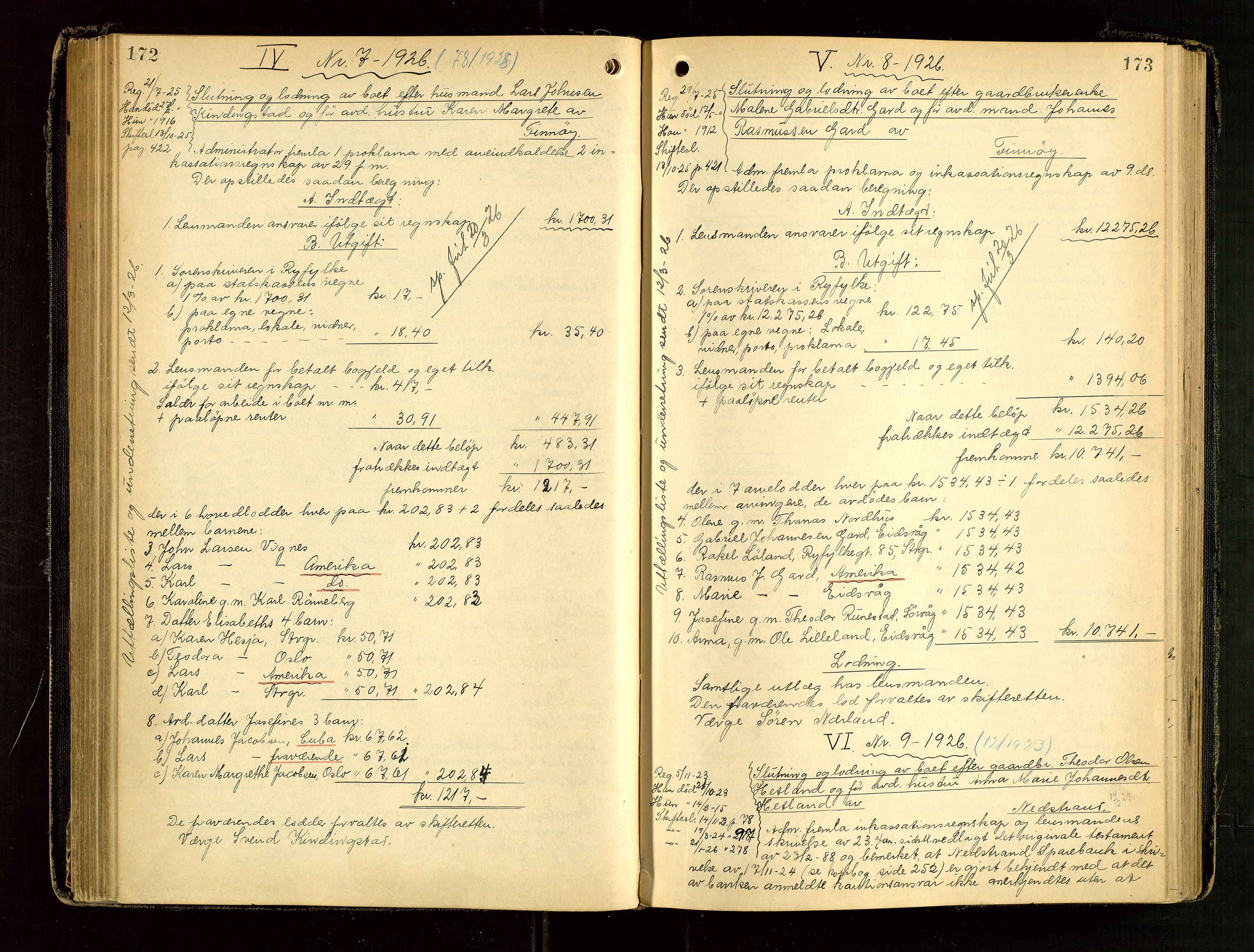 Ryfylke tingrett, AV/SAST-A-100055/001/IV/IVG/L0006: Skifteutlodningsprotokoll Med register, 1924-1929, p. 172-173