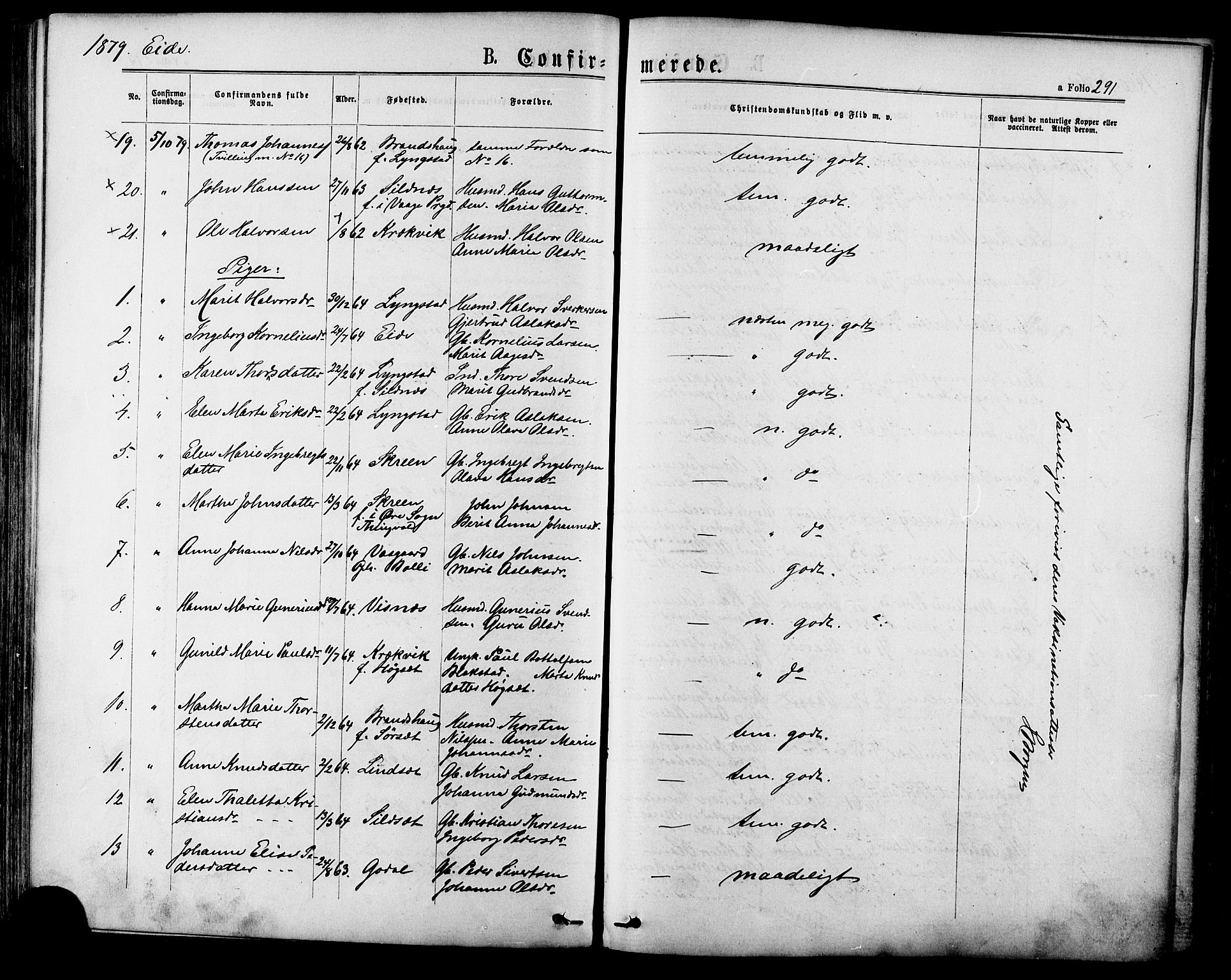 Ministerialprotokoller, klokkerbøker og fødselsregistre - Møre og Romsdal, AV/SAT-A-1454/568/L0806: Parish register (official) no. 568A12 /4, 1878-1884, p. 291