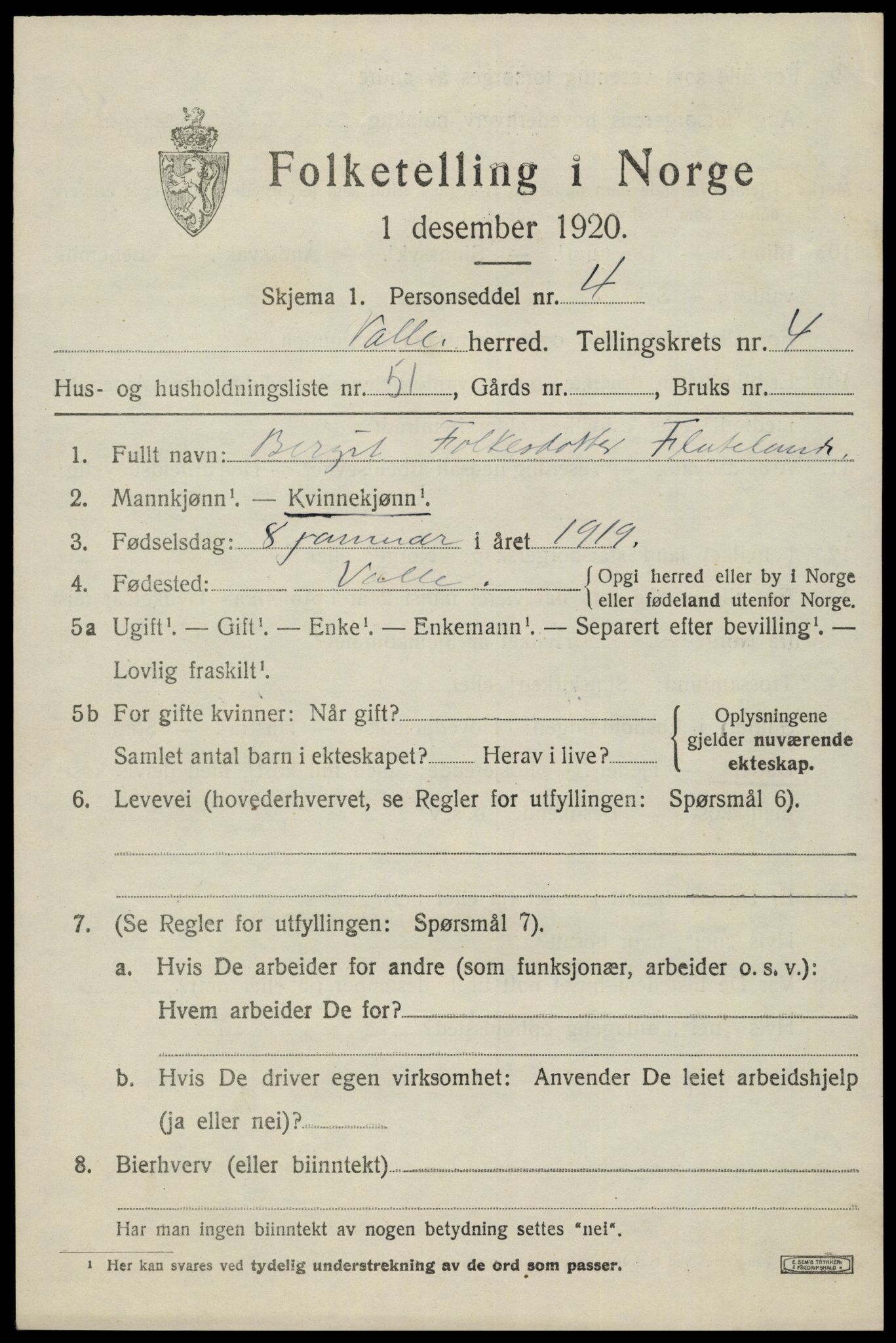 SAK, 1920 census for Valle, 1920, p. 2539