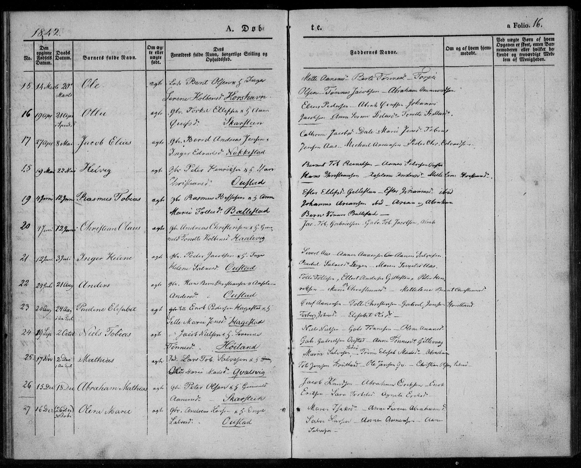 Lyngdal sokneprestkontor, AV/SAK-1111-0029/F/Fa/Faa/L0001: Parish register (official) no. A 1, 1837-1857, p. 16