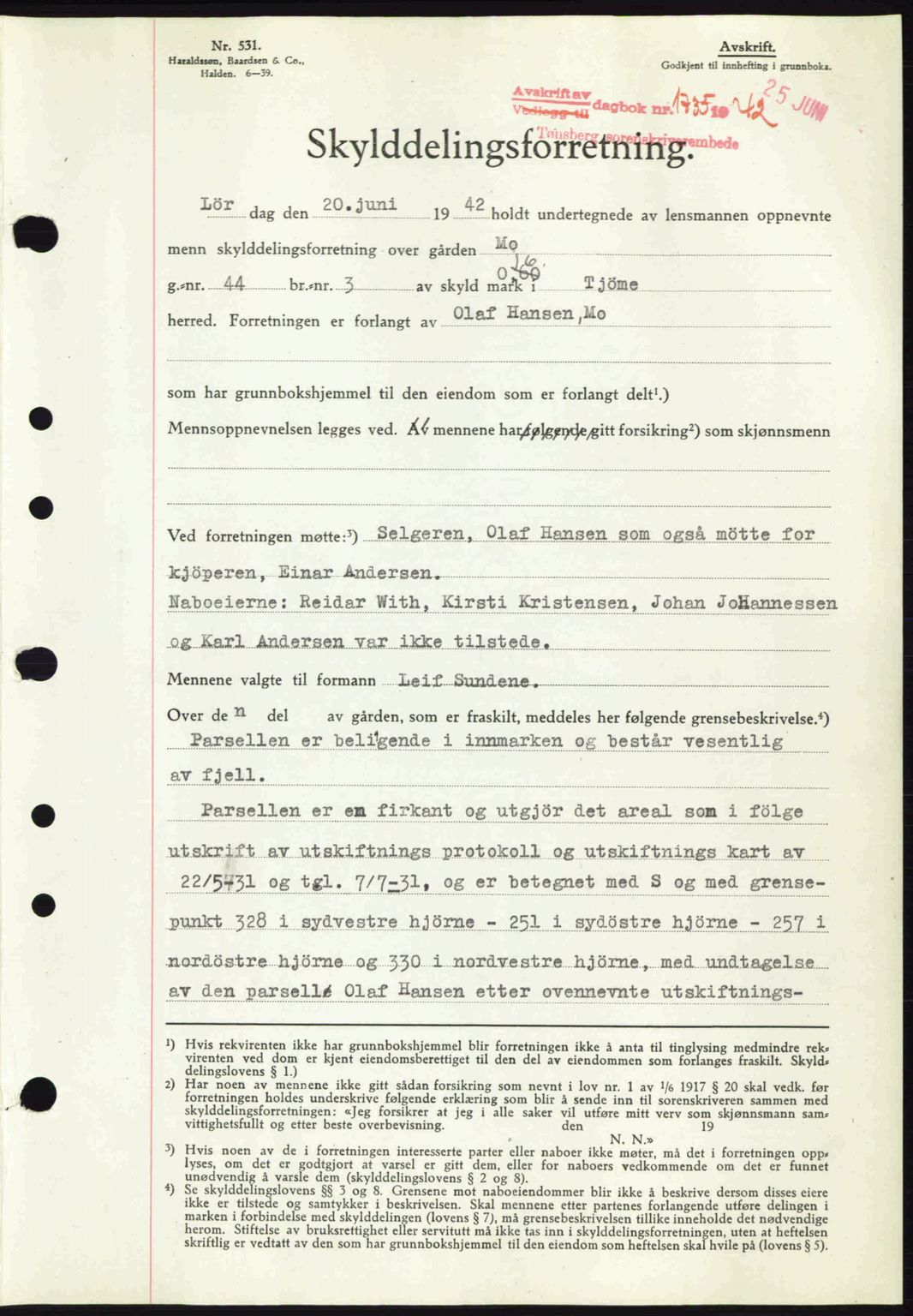 Tønsberg sorenskriveri, AV/SAKO-A-130/G/Ga/Gaa/L0011: Mortgage book no. A11, 1941-1942, Diary no: : 1735/1942