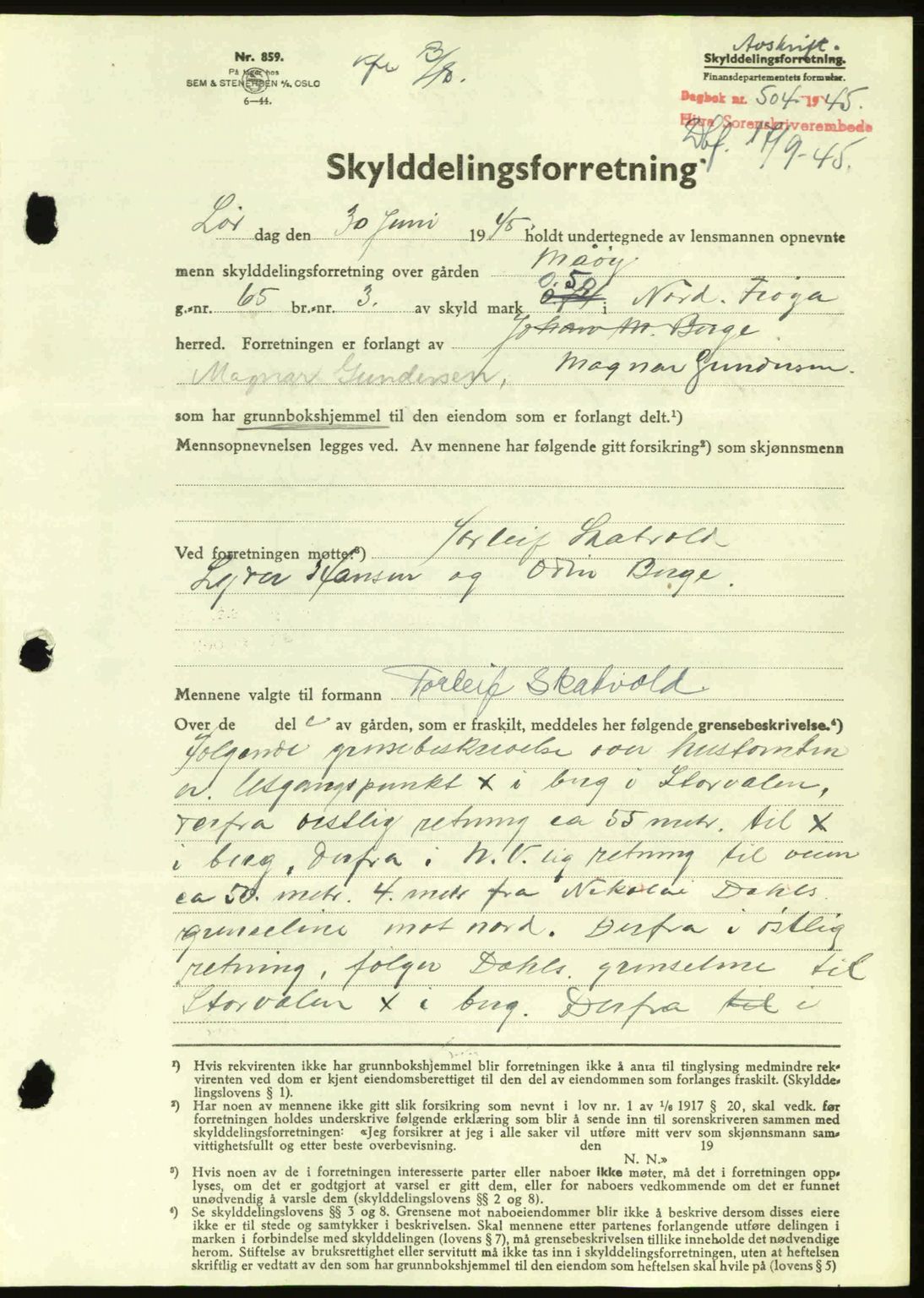 Hitra sorenskriveri, AV/SAT-A-0018/2/2C/2Ca: Mortgage book no. A2, 1943-1945, Diary no: : 504/1945