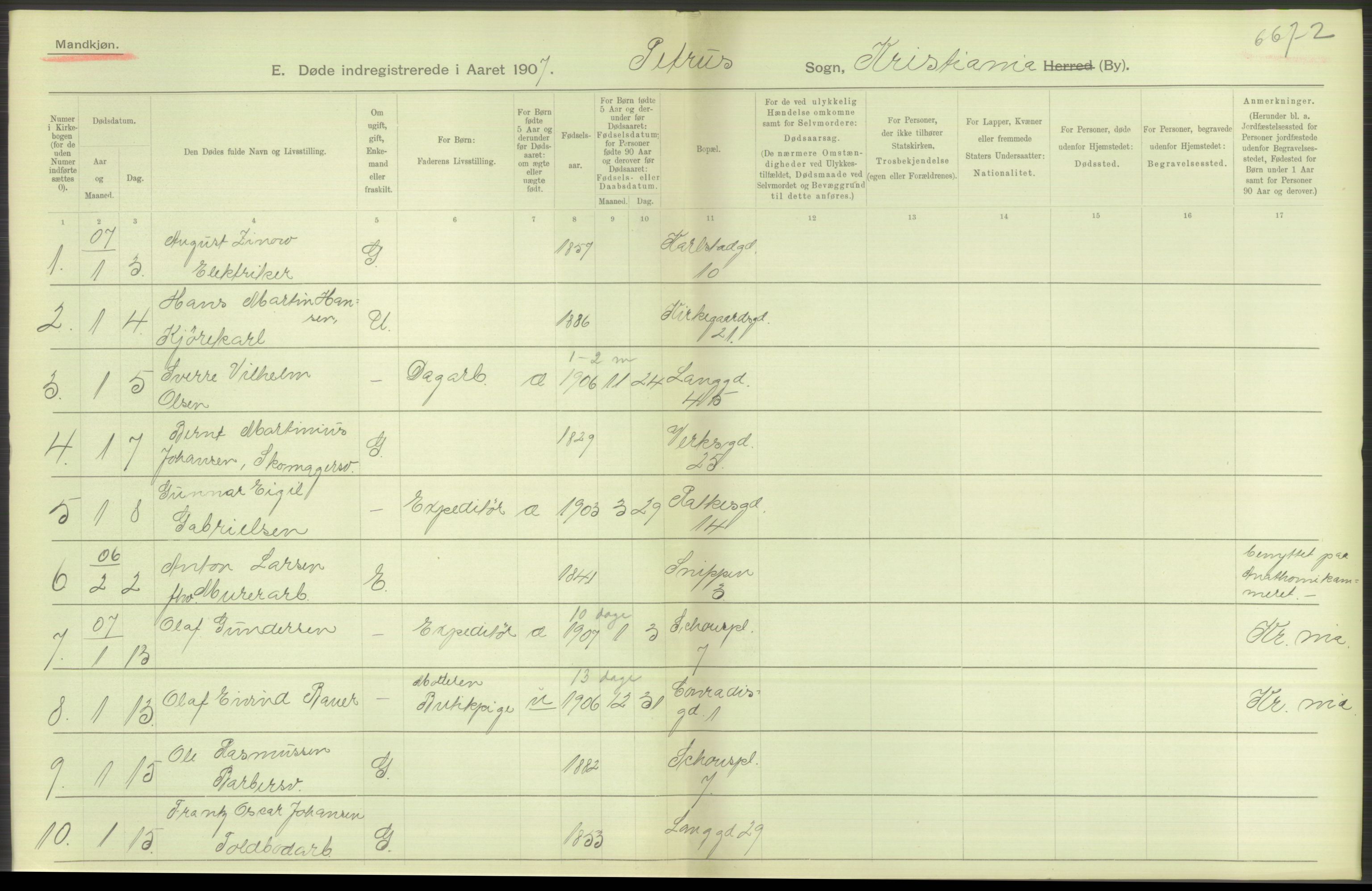 Statistisk sentralbyrå, Sosiodemografiske emner, Befolkning, AV/RA-S-2228/D/Df/Dfa/Dfae/L0010: Kristiania: Døde, dødfødte, 1907, p. 278