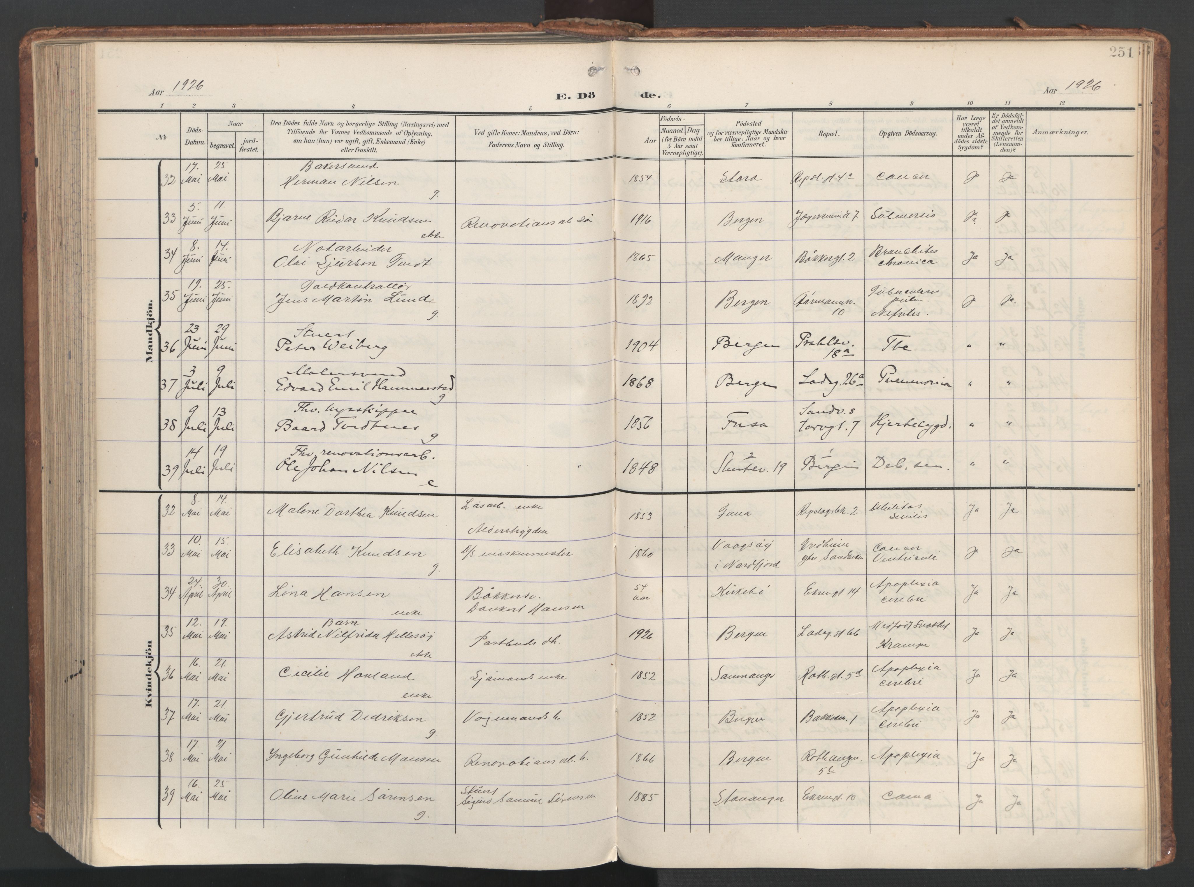 Sandviken Sokneprestembete, AV/SAB-A-77601/H/Ha/L0019: Parish register (official) no. E 2, 1905-1933, p. 251