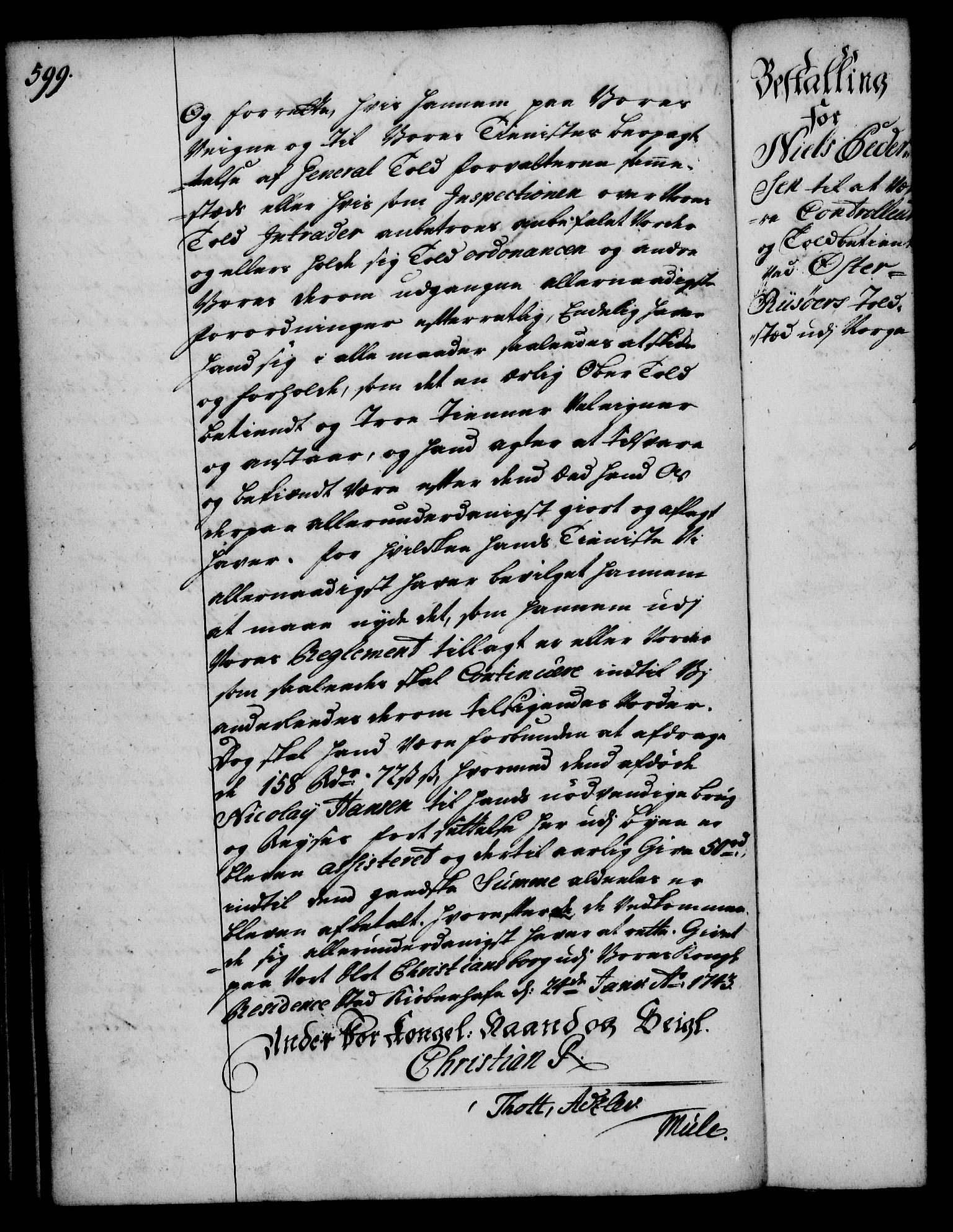 Rentekammeret, Kammerkanselliet, RA/EA-3111/G/Gg/Gge/L0002: Norsk bestallingsprotokoll med register (merket RK 53.26), 1730-1744, p. 599