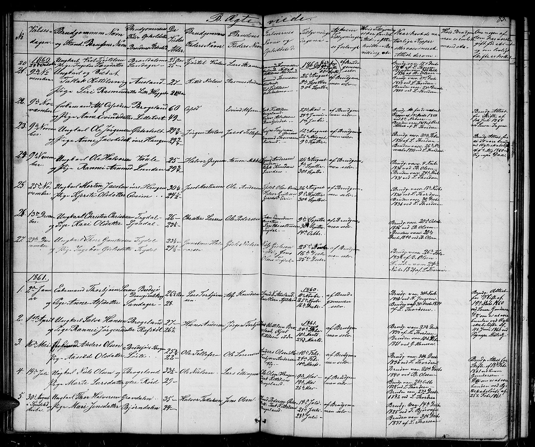 Gjerstad sokneprestkontor, SAK/1111-0014/F/Fb/Fba/L0005: Parish register (copy) no. B 5, 1853-1867, p. 85