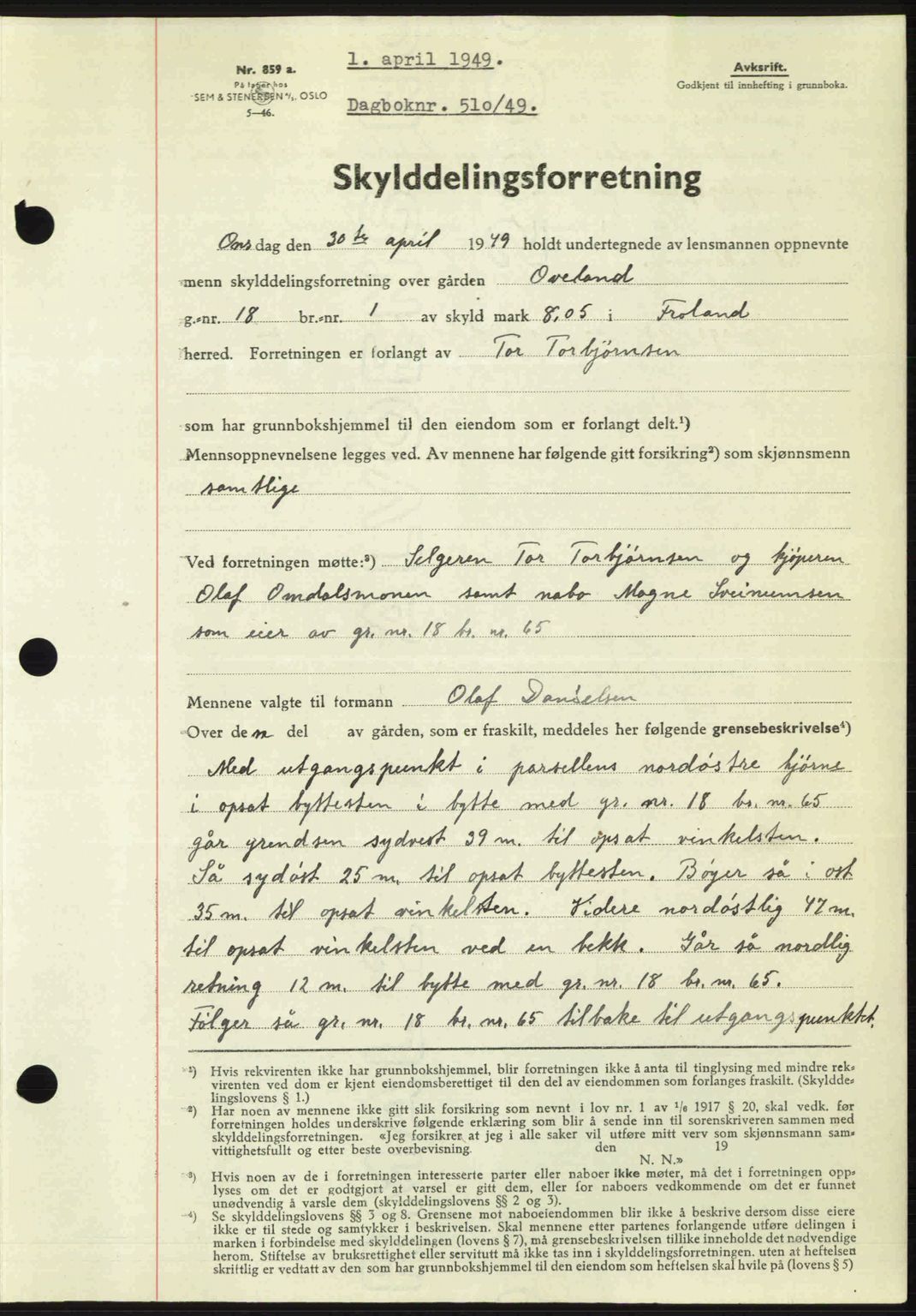 Nedenes sorenskriveri, AV/SAK-1221-0006/G/Gb/Gba/L0060: Mortgage book no. A12, 1948-1949, Diary no: : 510/1949