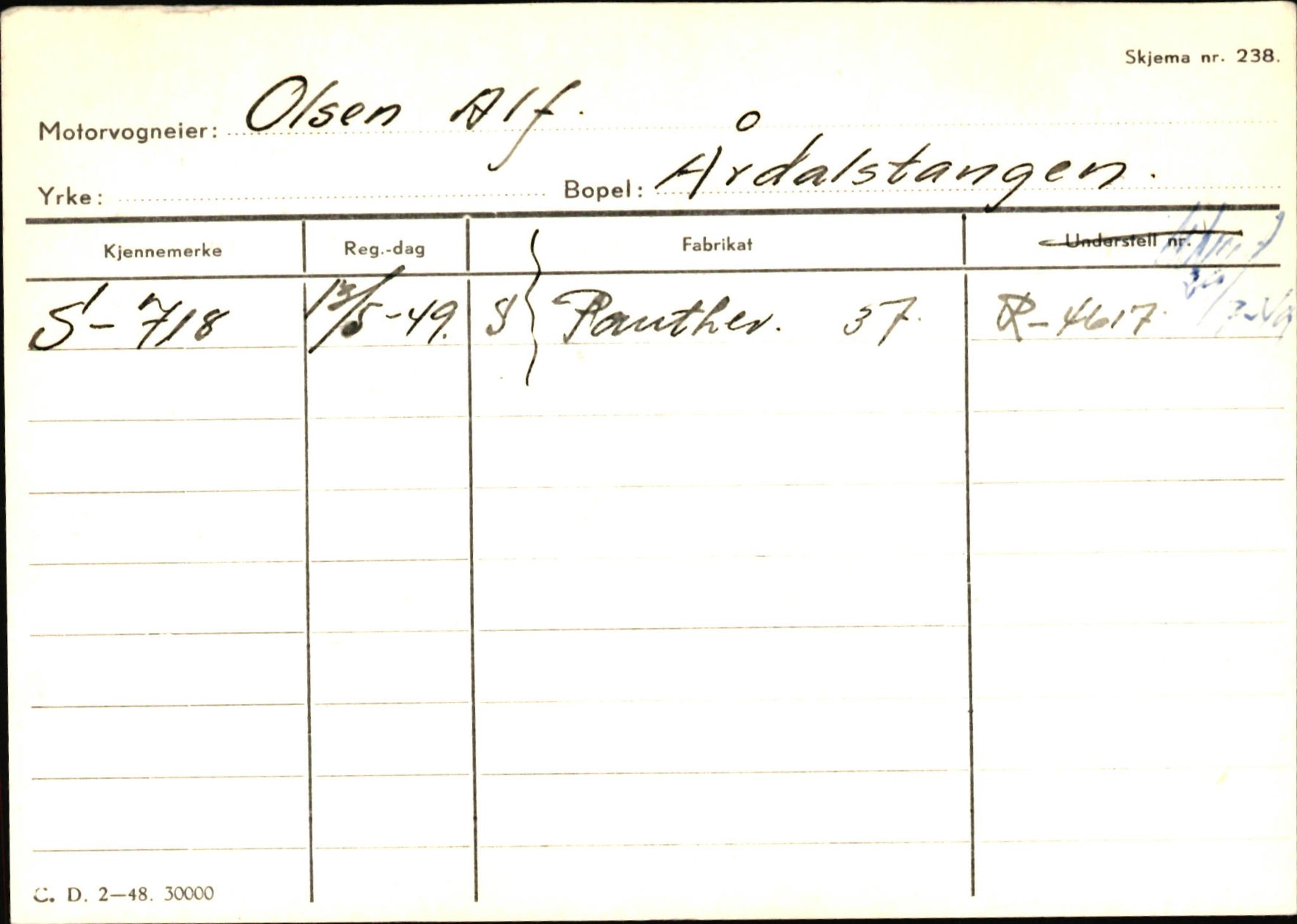 Statens vegvesen, Sogn og Fjordane vegkontor, AV/SAB-A-5301/4/F/L0145: Registerkort Vågsøy S-Å. Årdal I-P, 1945-1975, p. 2261