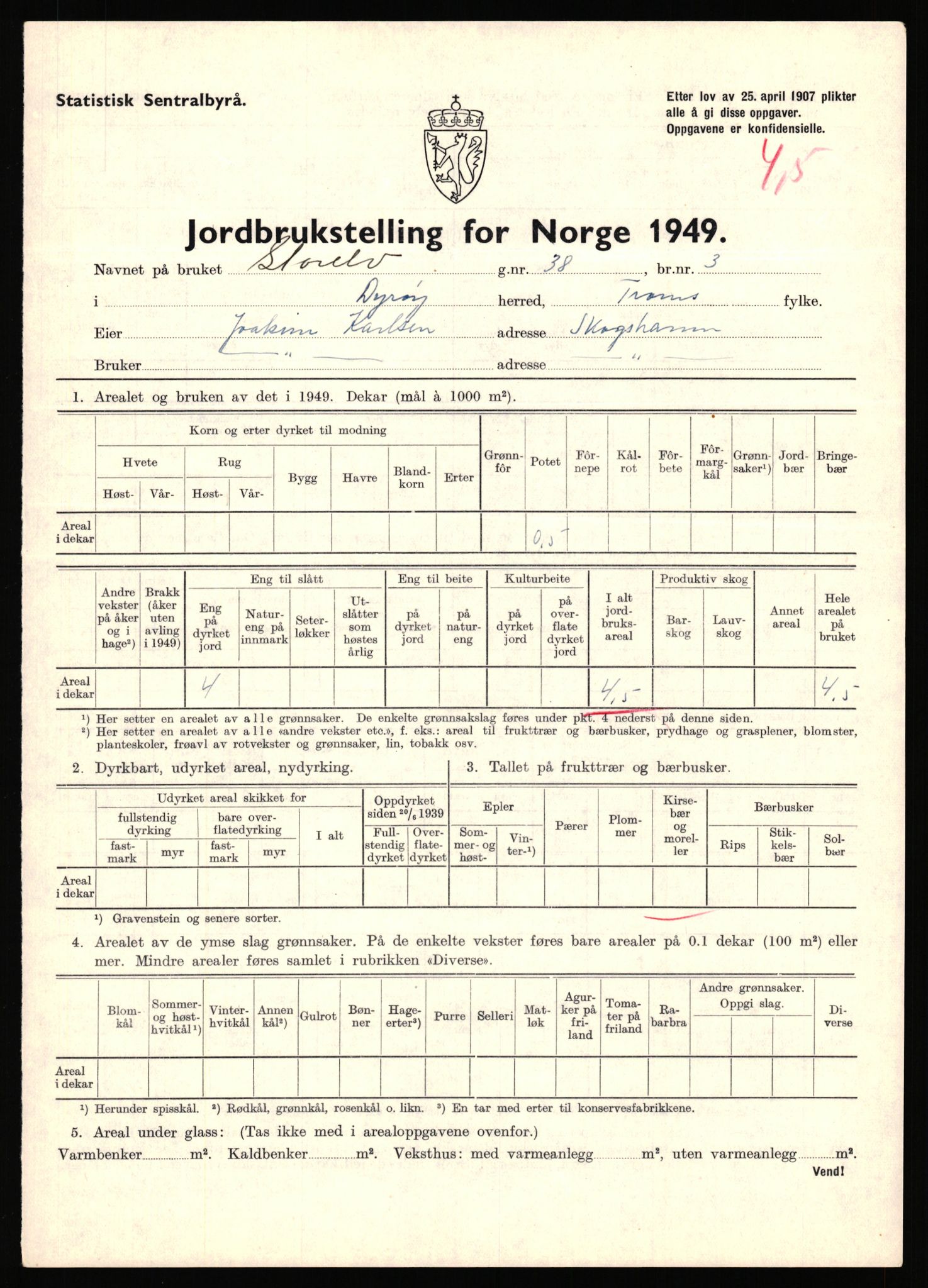 Statistisk sentralbyrå, Næringsøkonomiske emner, Jordbruk, skogbruk, jakt, fiske og fangst, AV/RA-S-2234/G/Gc/L0440: Troms: Sørreisa og Dyrøy, 1949, p. 925