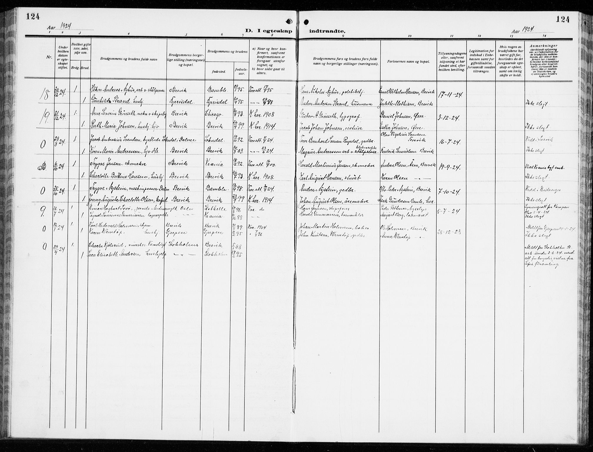 Brevik kirkebøker, SAKO/A-255/G/Ga/L0006: Parish register (copy) no. 6, 1922-1940, p. 124