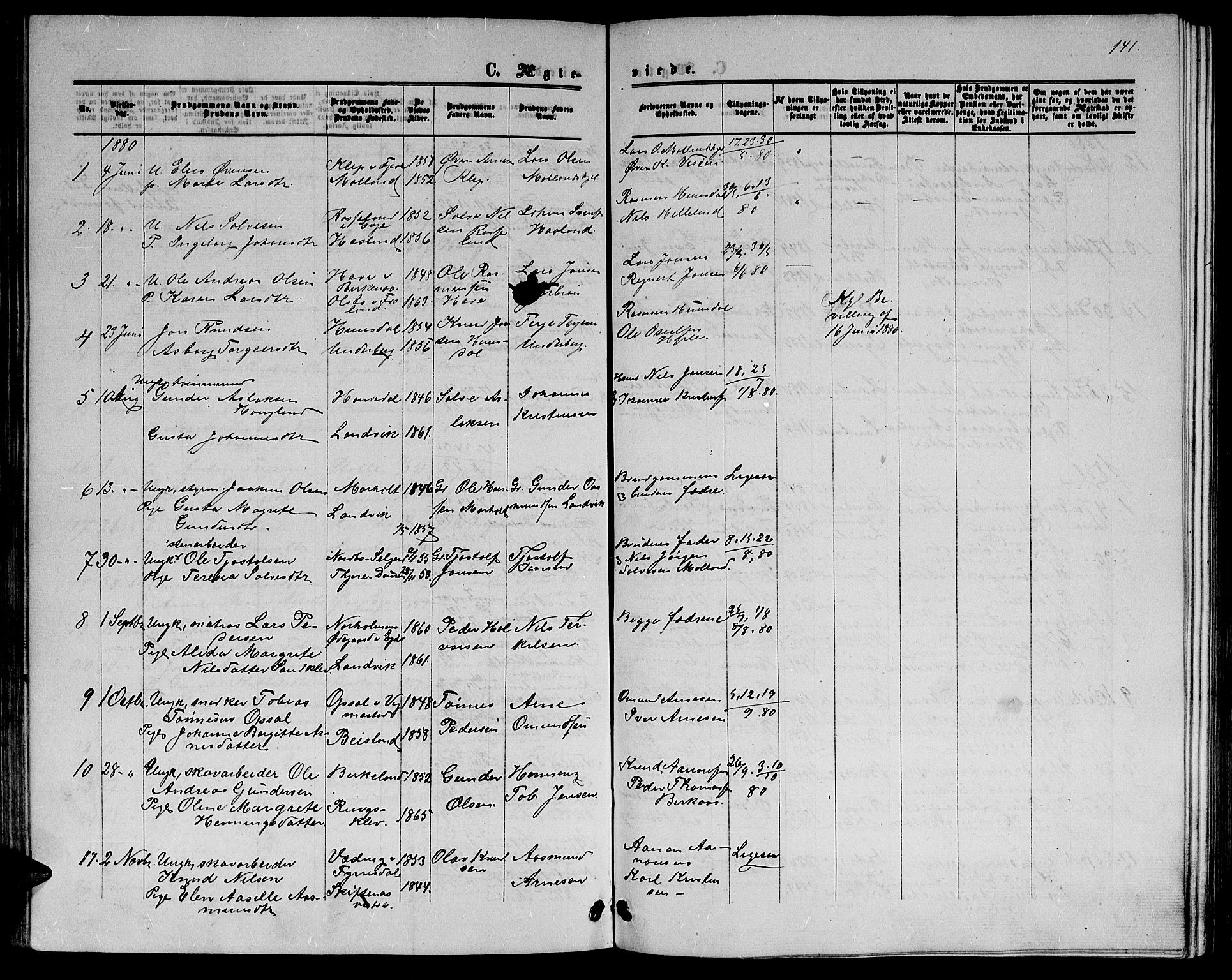 Hommedal sokneprestkontor, SAK/1111-0023/F/Fb/Fbb/L0006: Parish register (copy) no. B 6, 1869-1884, p. 141