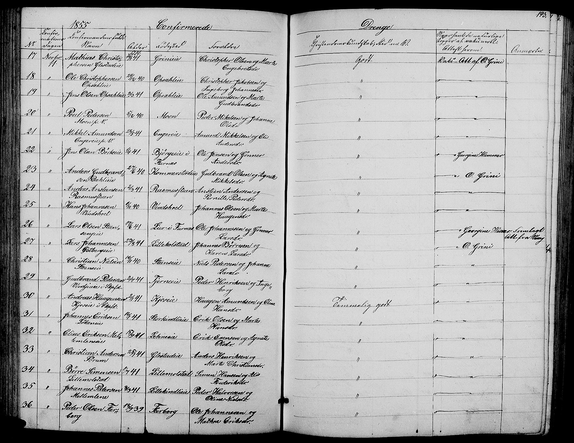 Ringsaker prestekontor, SAH/PREST-014/L/La/L0006: Parish register (copy) no. 6, 1851-1860, p. 193