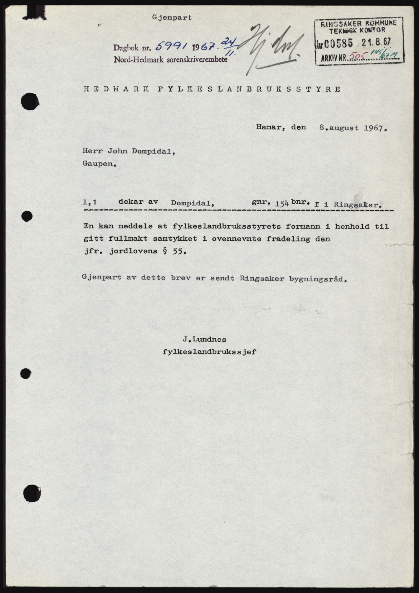 Nord-Hedmark sorenskriveri, SAH/TING-012/H/Hc/L0027: Mortgage book no. 27, 1967-1968, Diary no: : 5991/1967