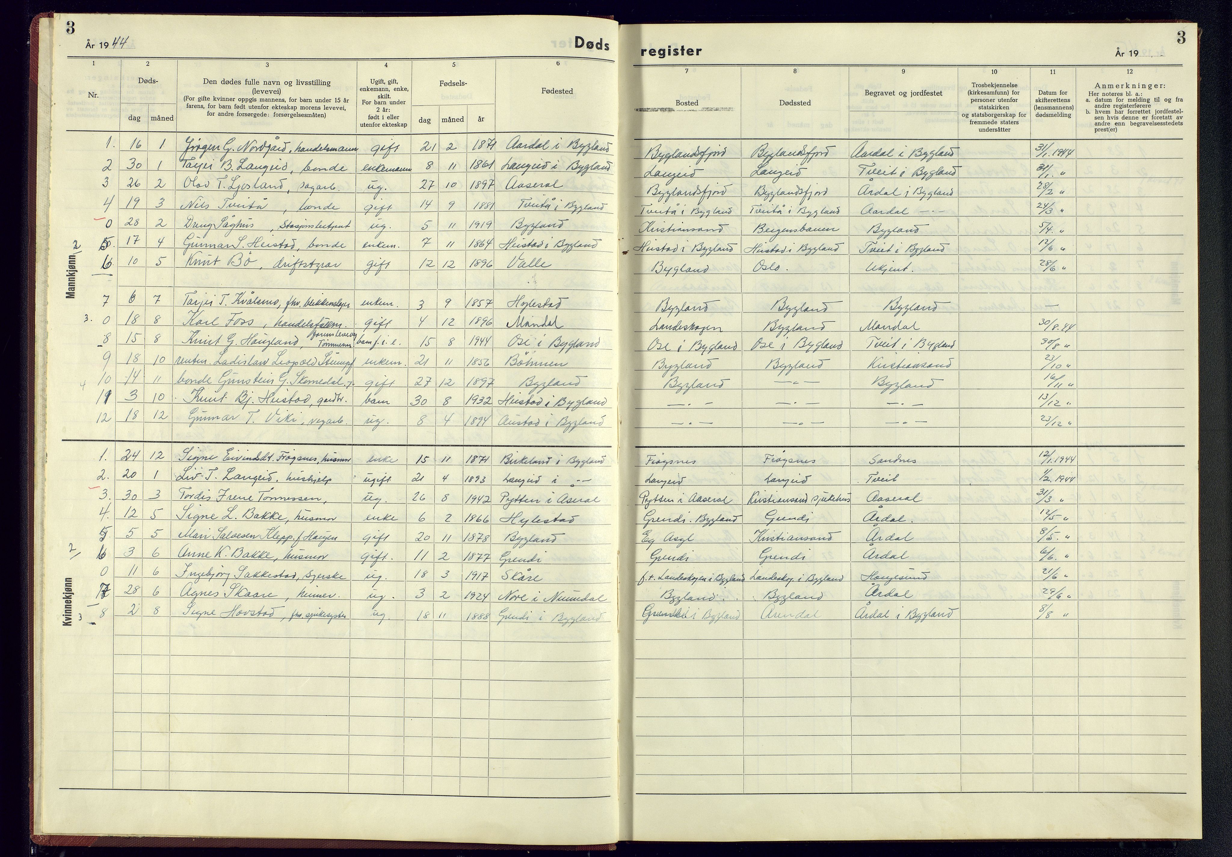 Bygland sokneprestkontor, AV/SAK-1111-0006/J/Jb/L0003: II.6.3 - Dødsfallsregister Bygland, 1942-1945, p. 3