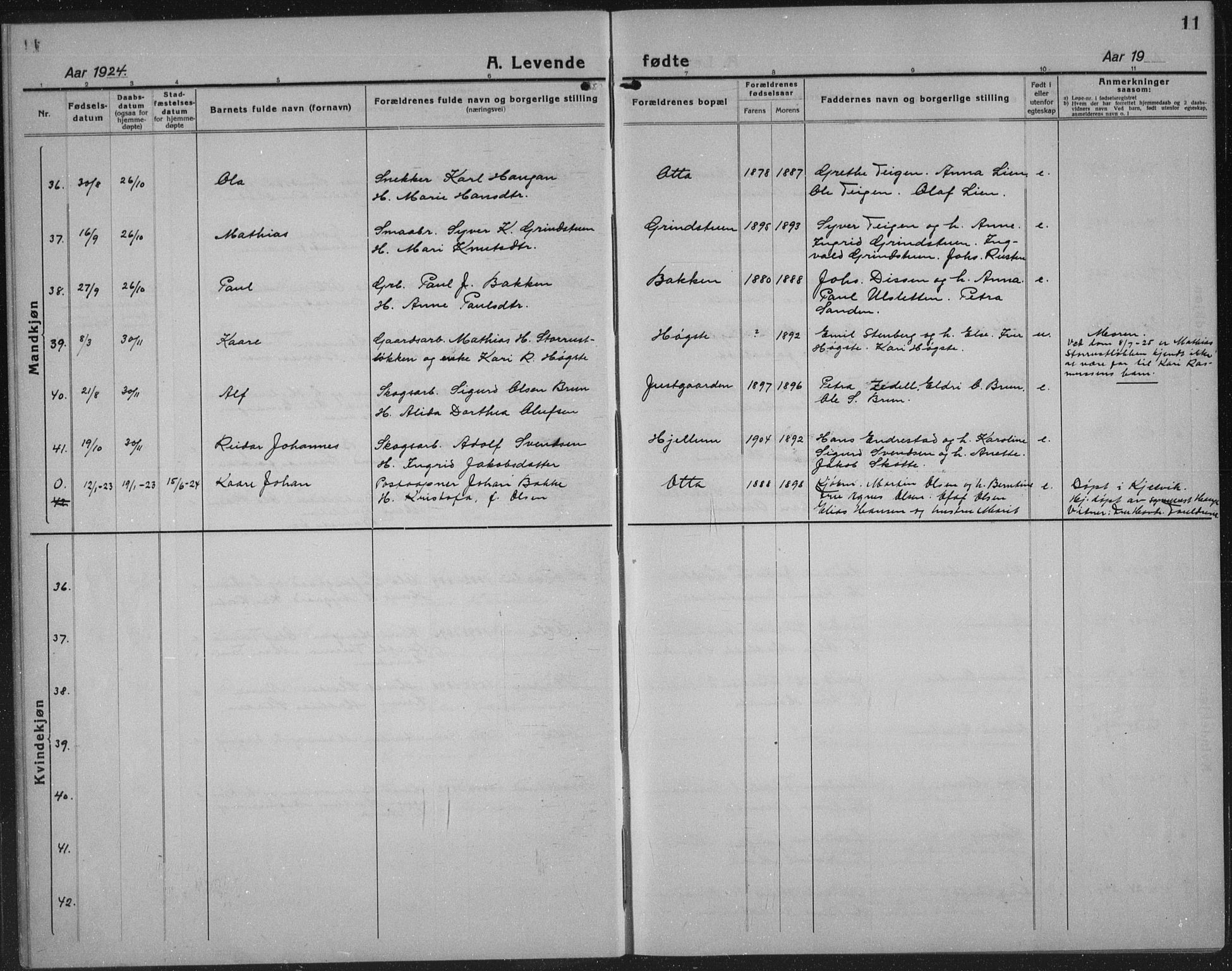 Sel prestekontor, SAH/PREST-074/H/Ha/Hab/L0002: Parish register (copy) no. 2, 1923-1939, p. 11