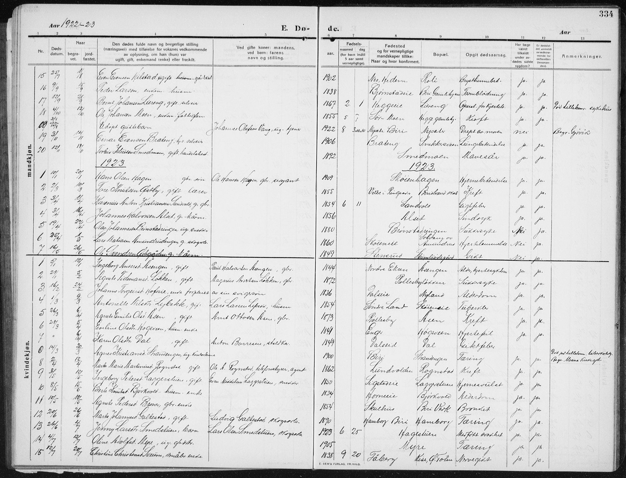 Biri prestekontor, SAH/PREST-096/H/Ha/Hab/L0006: Parish register (copy) no. 6, 1909-1938, p. 334
