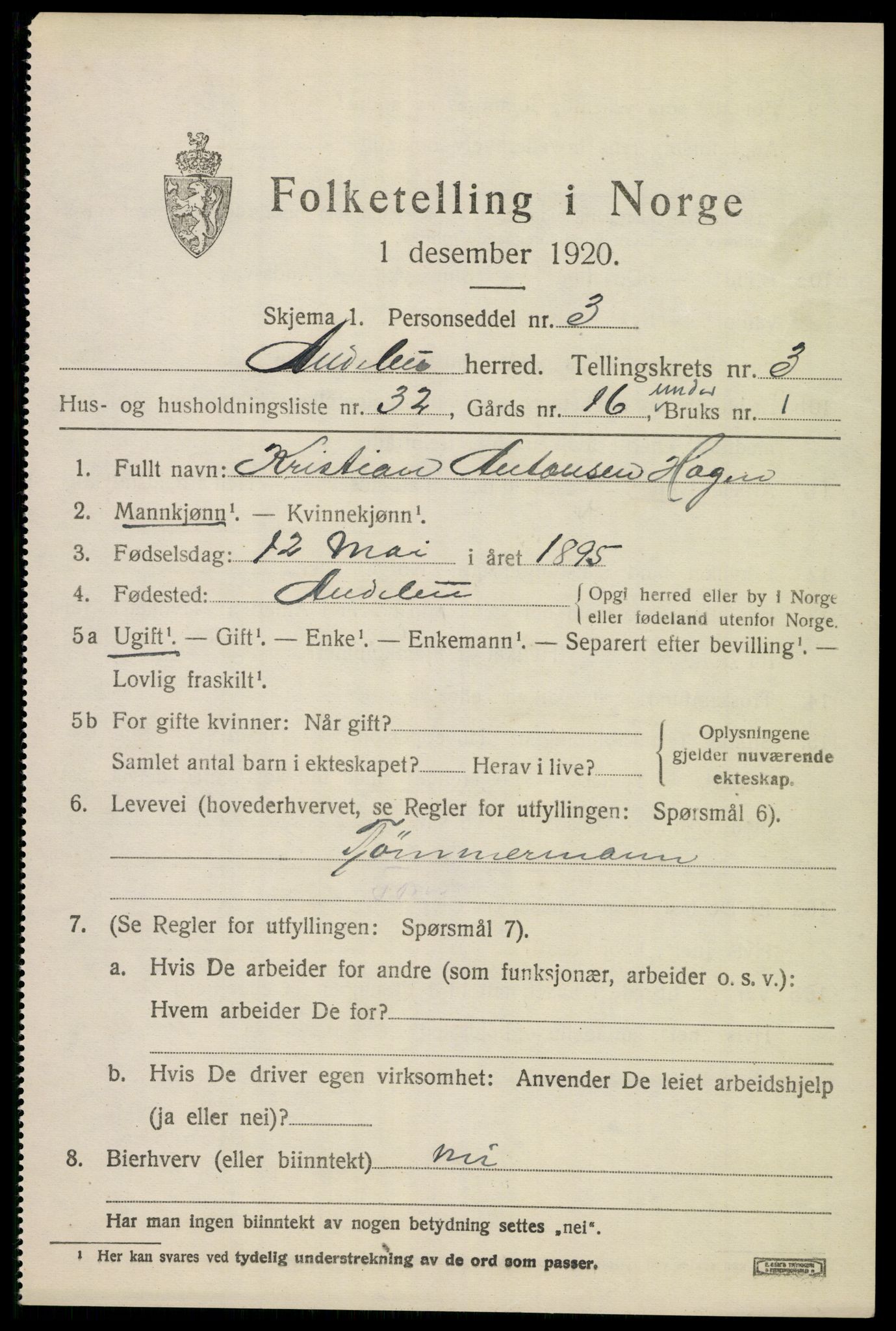 SAKO, 1920 census for Andebu, 1920, p. 2234