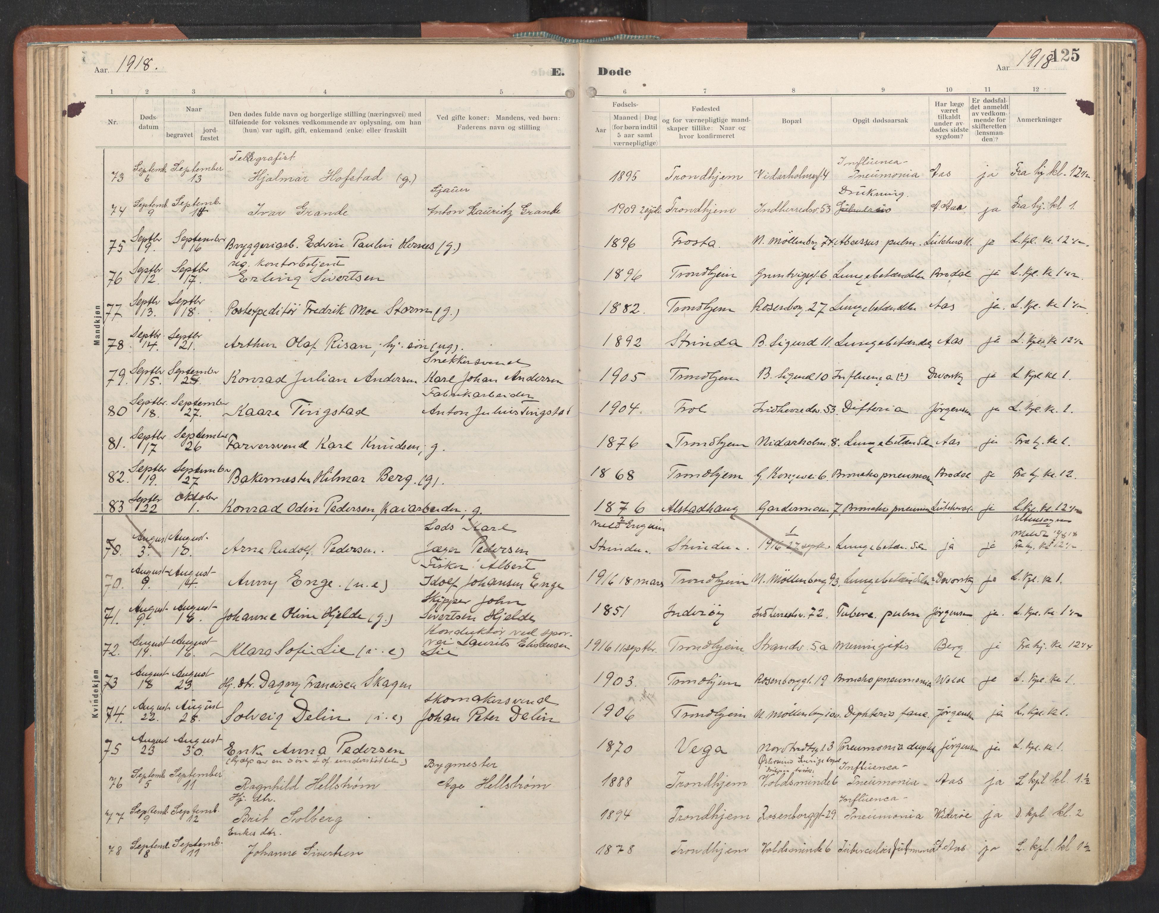 Ministerialprotokoller, klokkerbøker og fødselsregistre - Sør-Trøndelag, SAT/A-1456/605/L0245: Parish register (official) no. 605A07, 1916-1938, p. 125