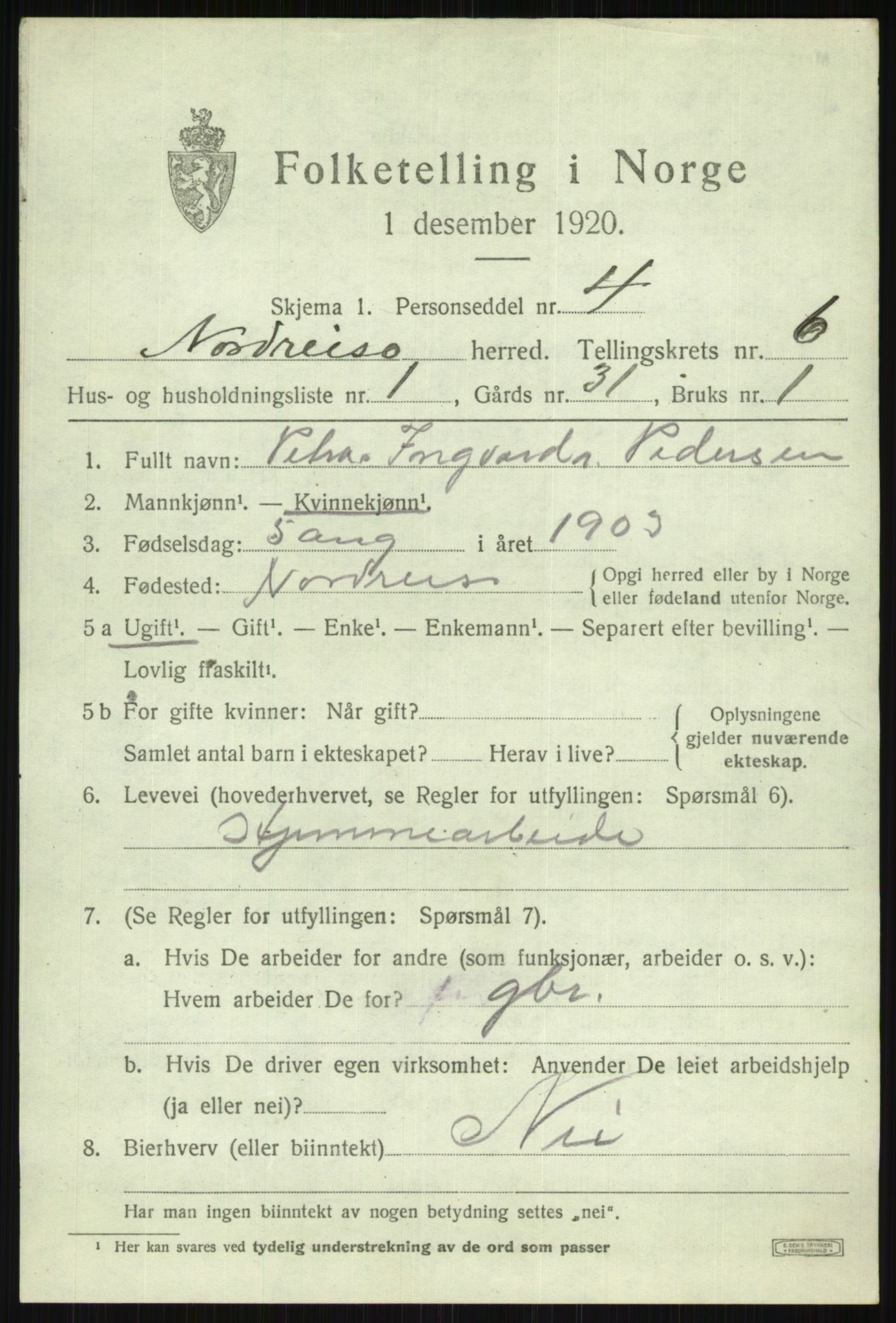 SATØ, 1920 census for Nordreisa, 1920, p. 2709