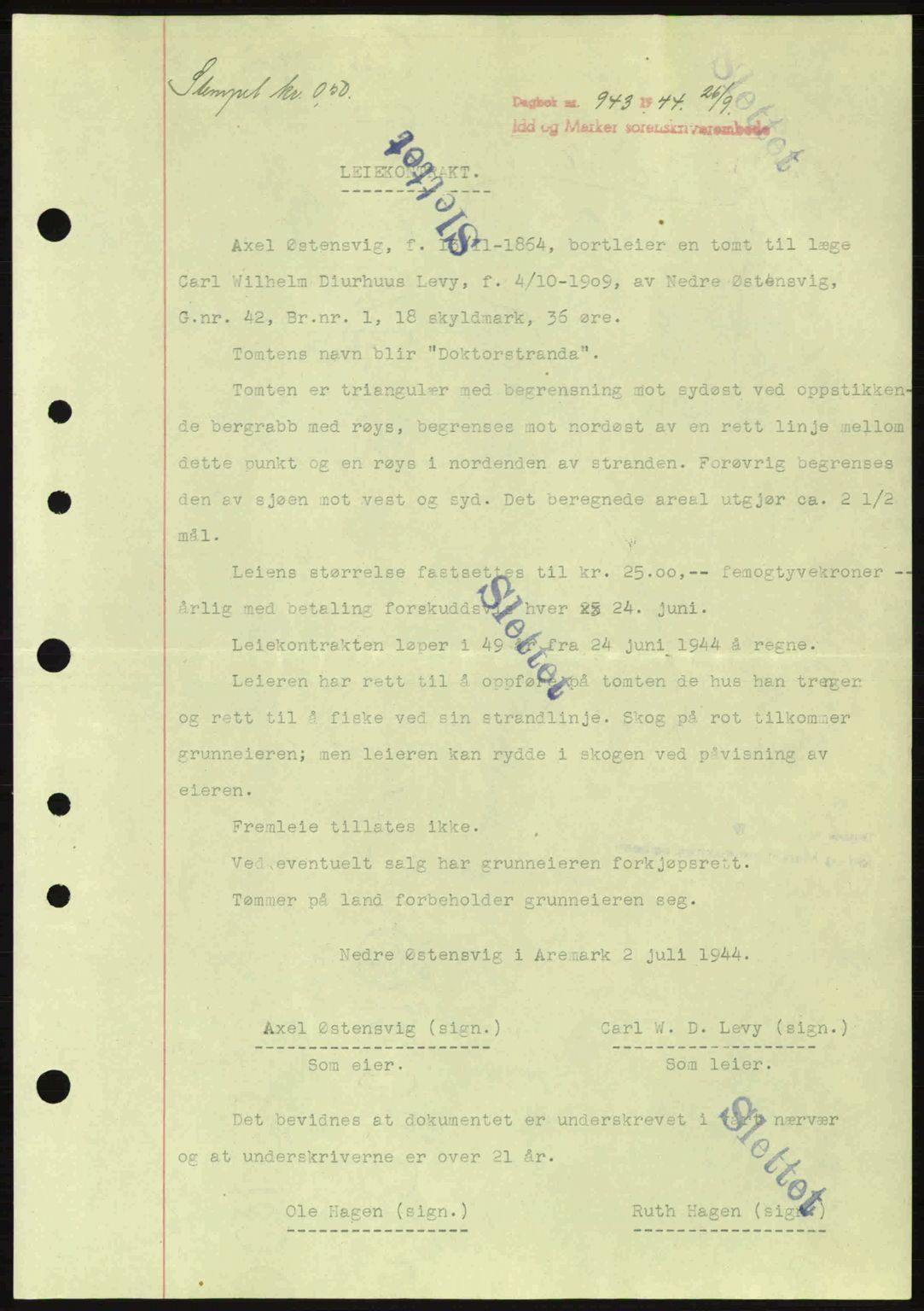 Idd og Marker sorenskriveri, AV/SAO-A-10283/G/Gb/Gbb/L0007: Mortgage book no. A7, 1944-1945, Diary no: : 943/1944