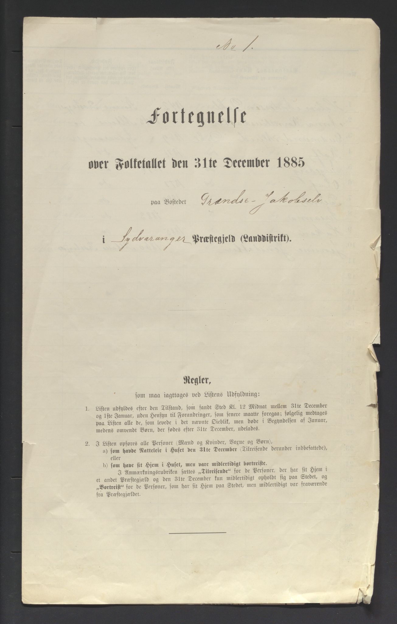 SATØ, 1885 census for 2030 Sør-Varanger, 1885, p. 1a