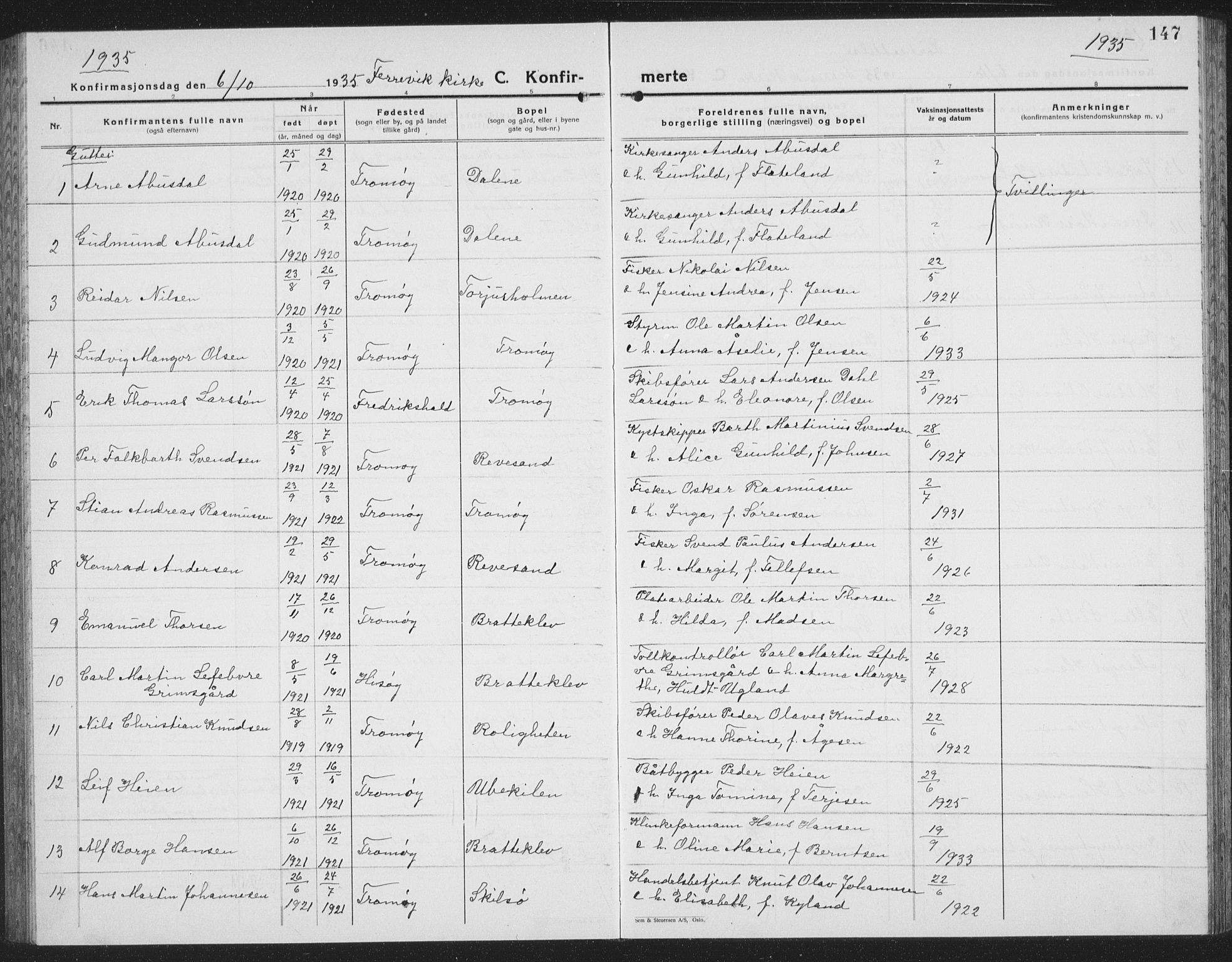 Tromøy sokneprestkontor, AV/SAK-1111-0041/F/Fb/L0008: Parish register (copy) no. B 8, 1925-1938, p. 147