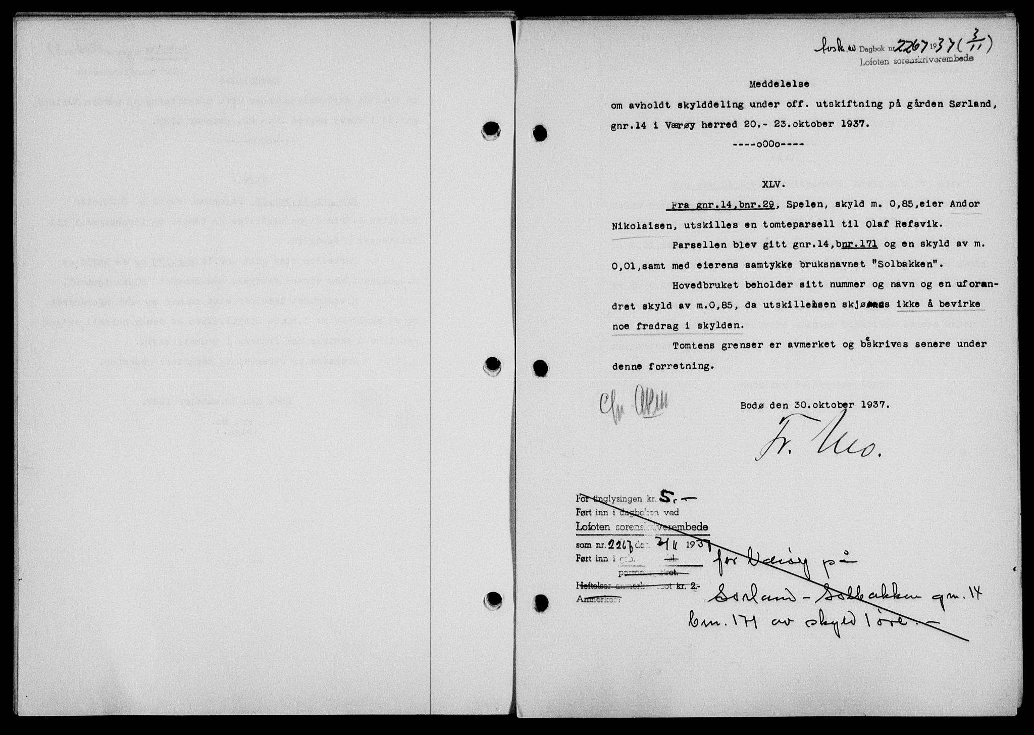 Lofoten sorenskriveri, SAT/A-0017/1/2/2C/L0003a: Mortgage book no. 3a, 1937-1938, Diary no: : 2267/1937