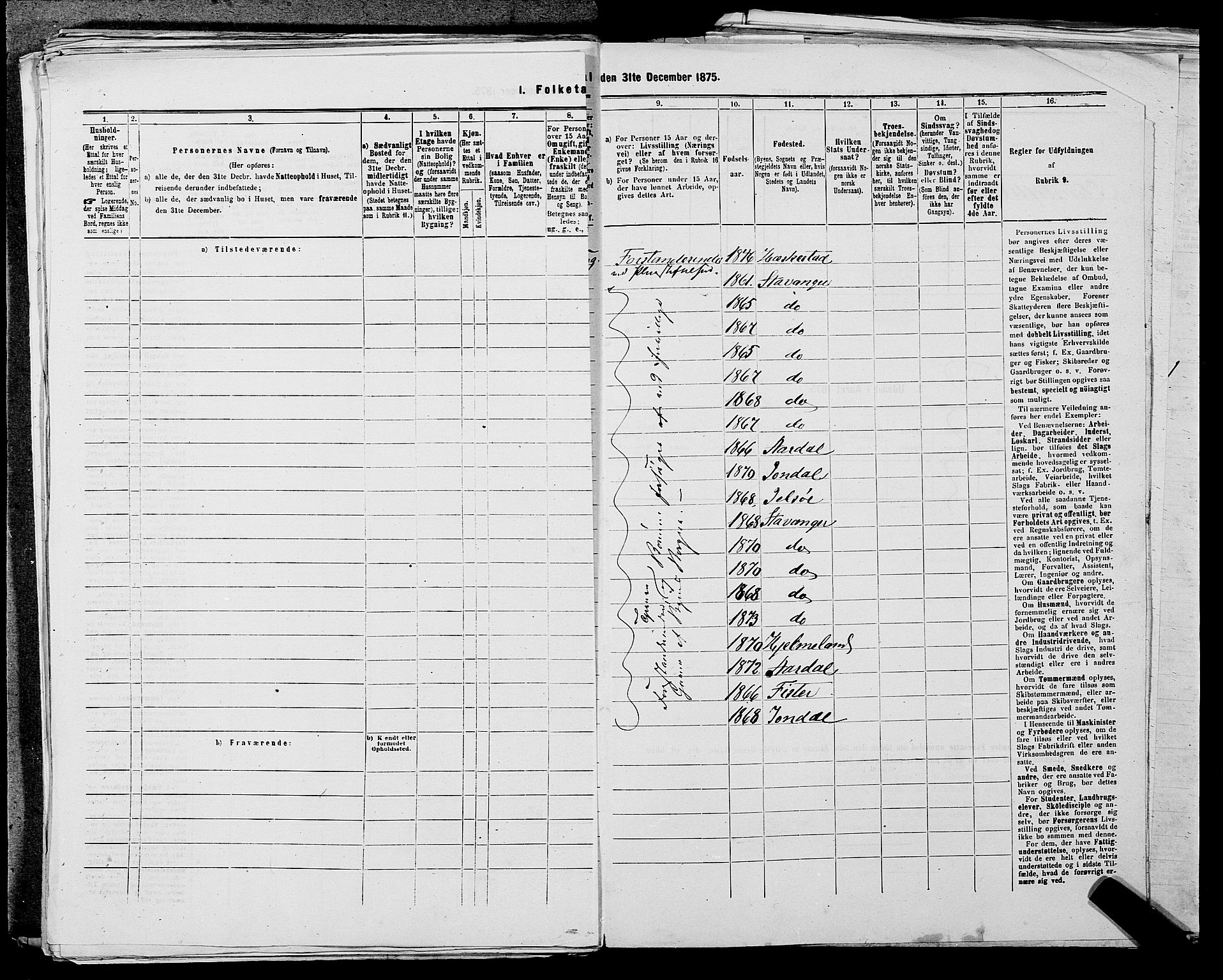 SAST, 1875 census for 1103 Stavanger, 1875, p. 421