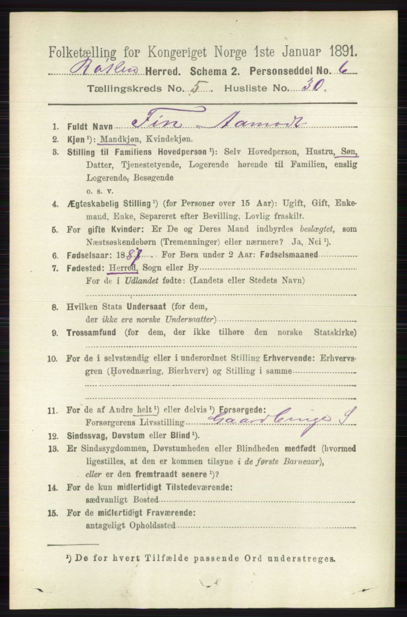 RA, 1891 census for 0627 Røyken, 1891, p. 3050