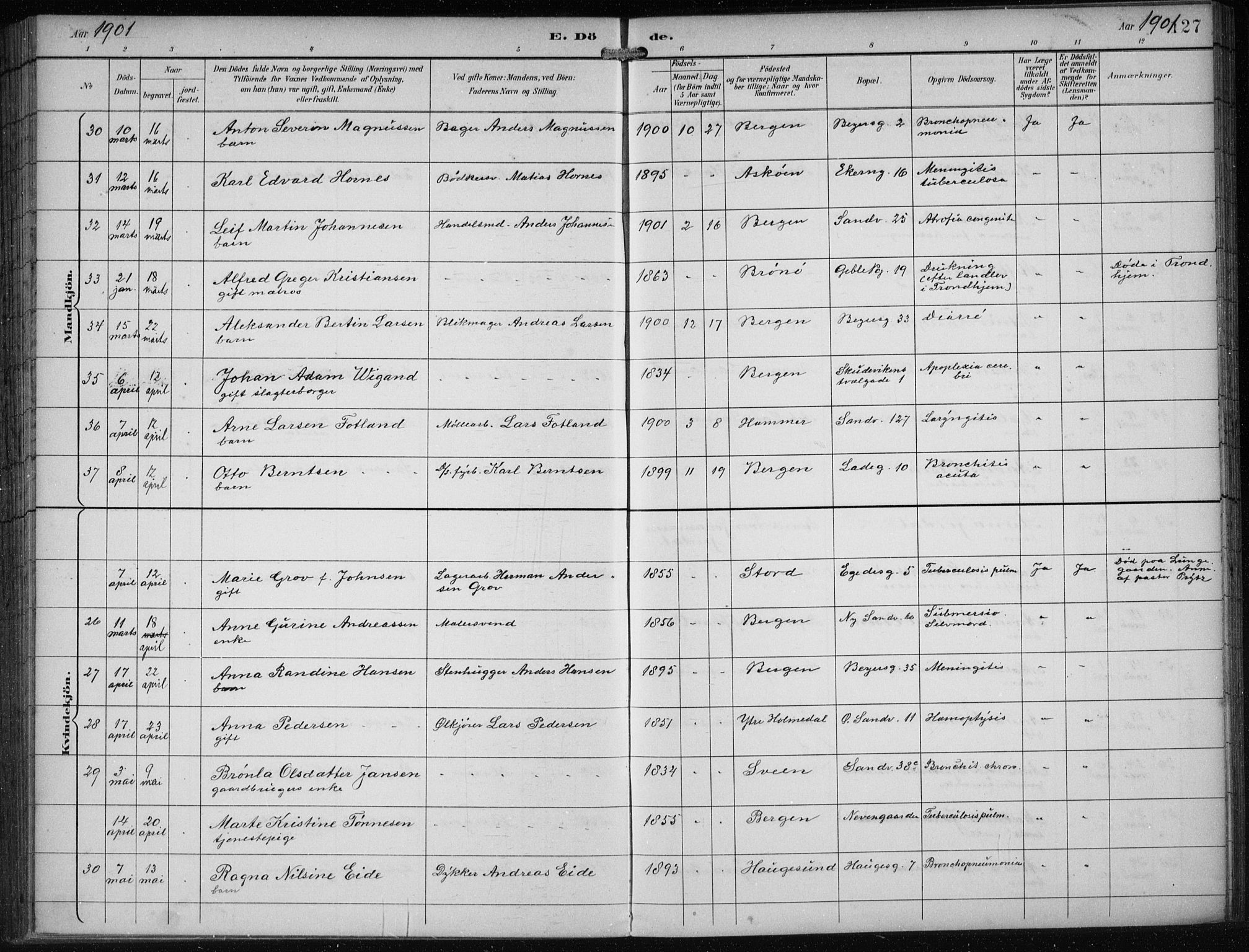 Sandviken Sokneprestembete, SAB/A-77601/H/Ha/L0018: Parish register (official) no. E 1, 1893-1905, p. 127
