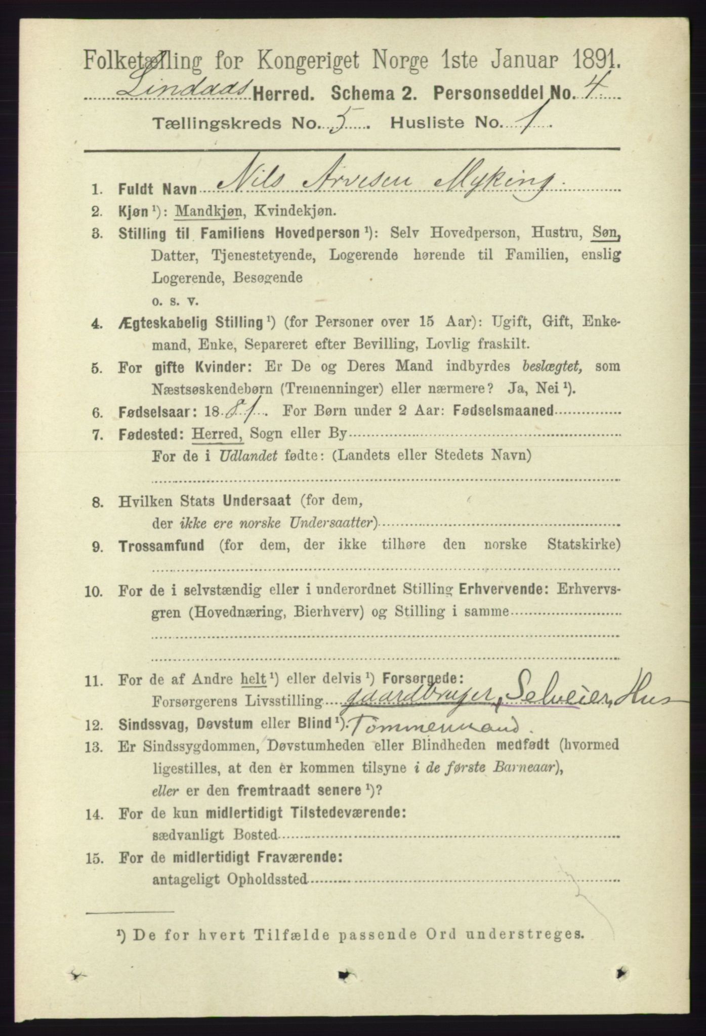 RA, 1891 census for 1263 Lindås, 1891, p. 1448