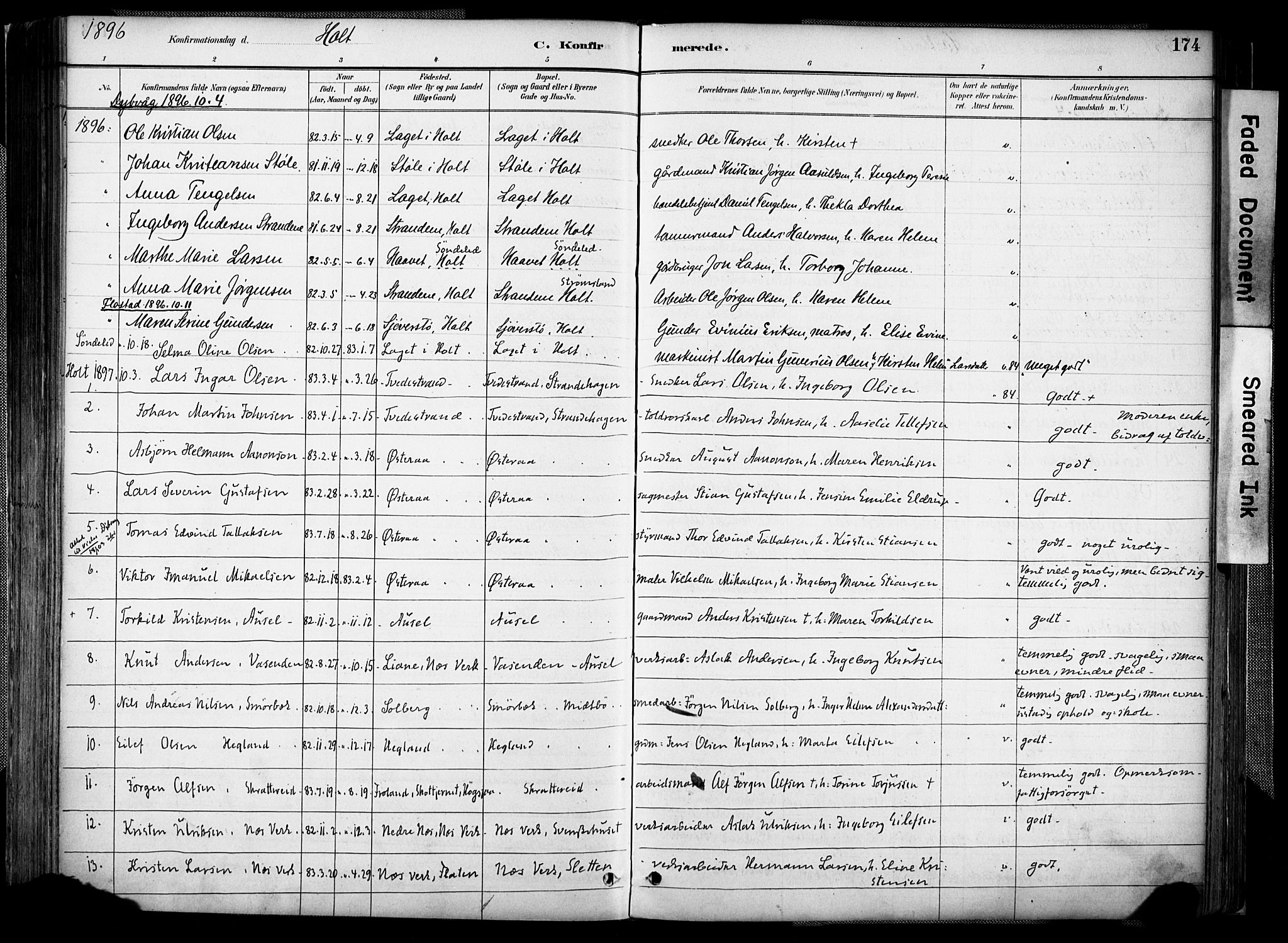 Holt sokneprestkontor, AV/SAK-1111-0021/F/Fa/L0012: Parish register (official) no. A 12, 1885-1907, p. 174