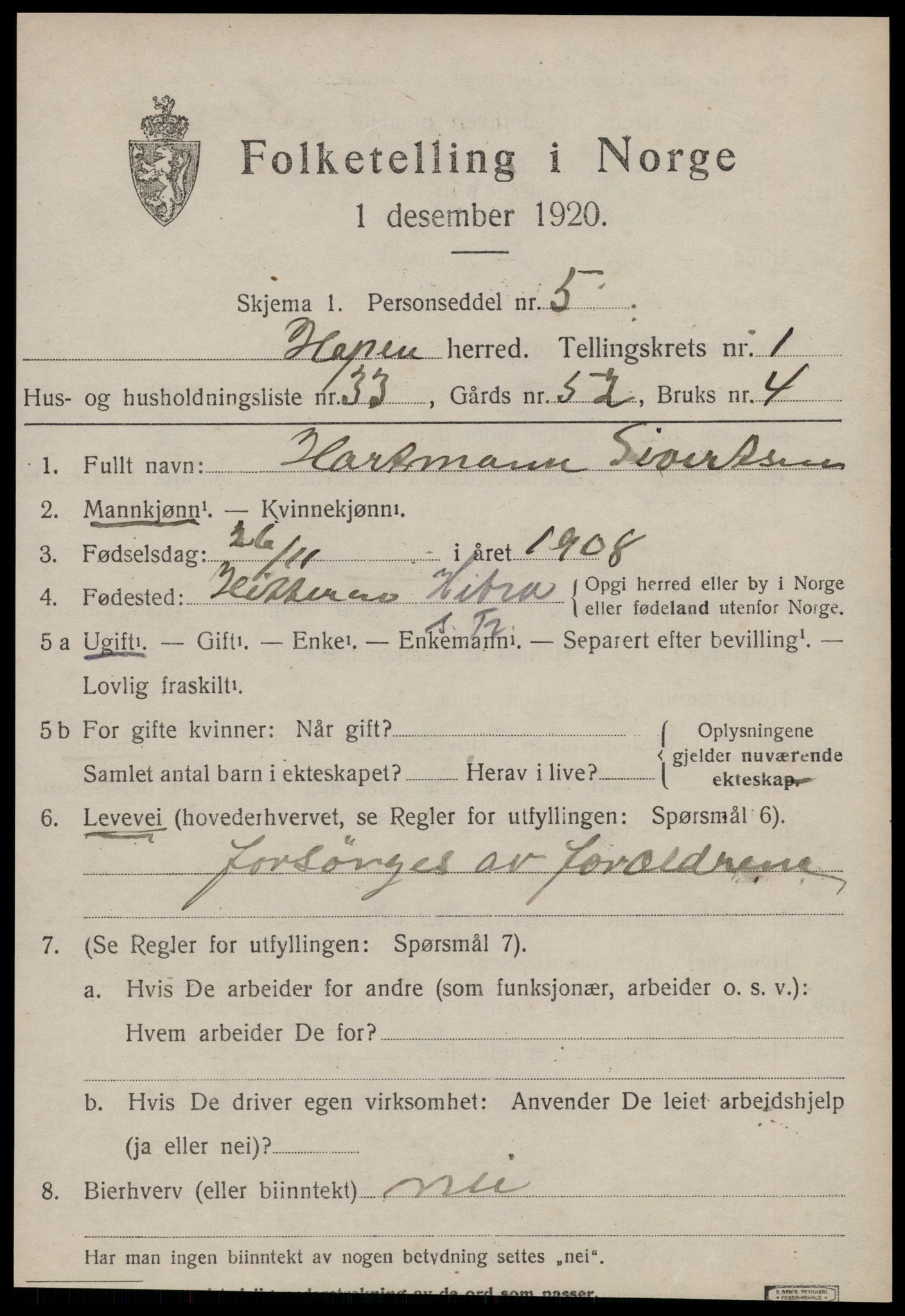 SAT, 1920 census for Hopen, 1920, p. 870