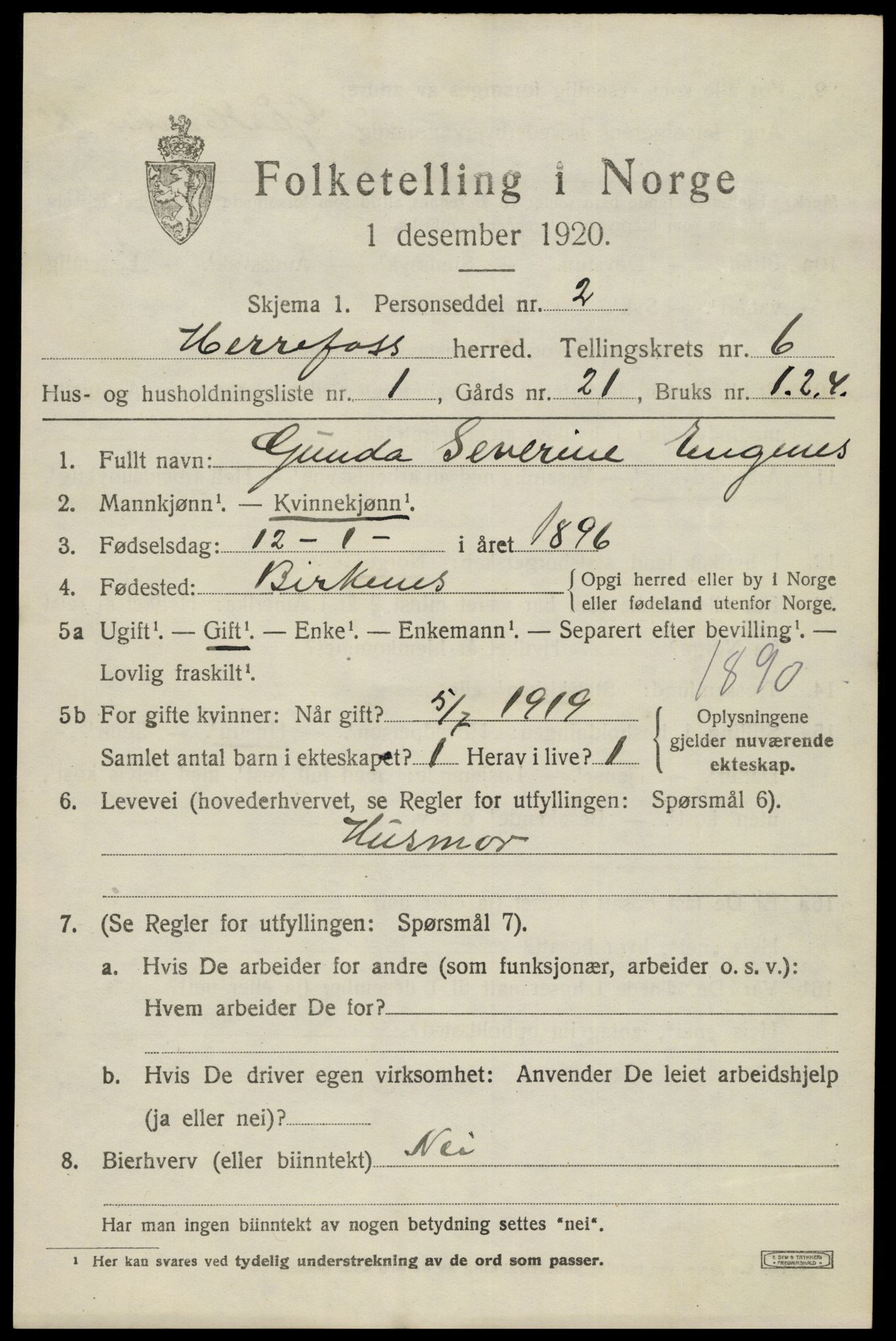SAK, 1920 census for Herefoss, 1920, p. 1110