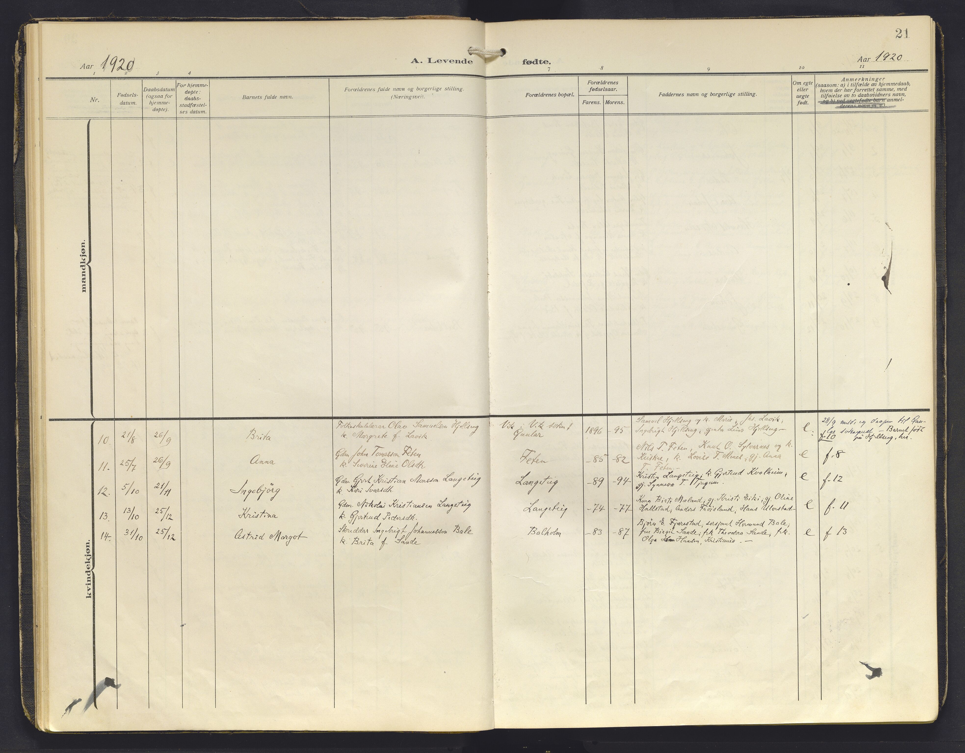 Balestrand sokneprestembete, AV/SAB-A-79601/H/Haa/Haab/L0002: Parish register (official) no. B 2, 1911-1932, p. 21