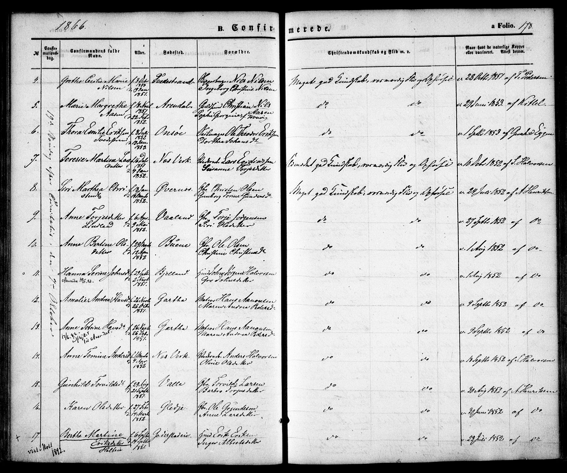 Holt sokneprestkontor, AV/SAK-1111-0021/F/Fa/L0009: Parish register (official) no. A 9, 1861-1871, p. 178