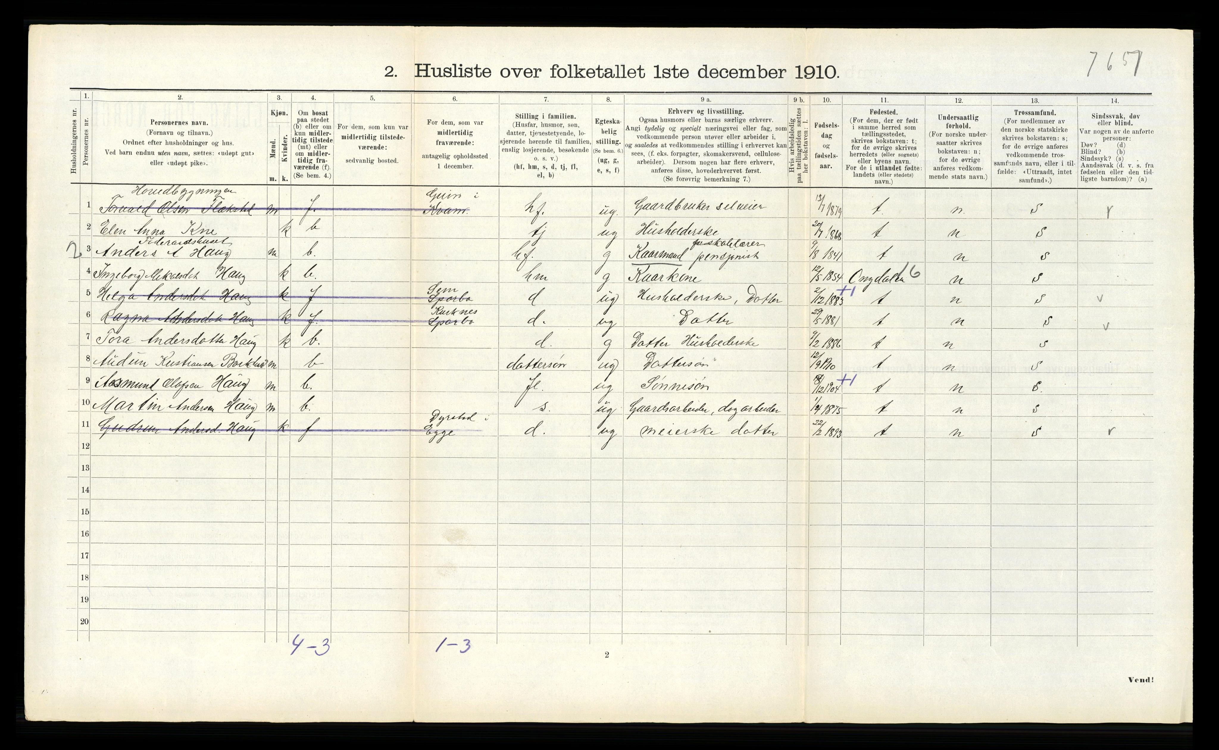 RA, 1910 census for Kvam, 1910, p. 288