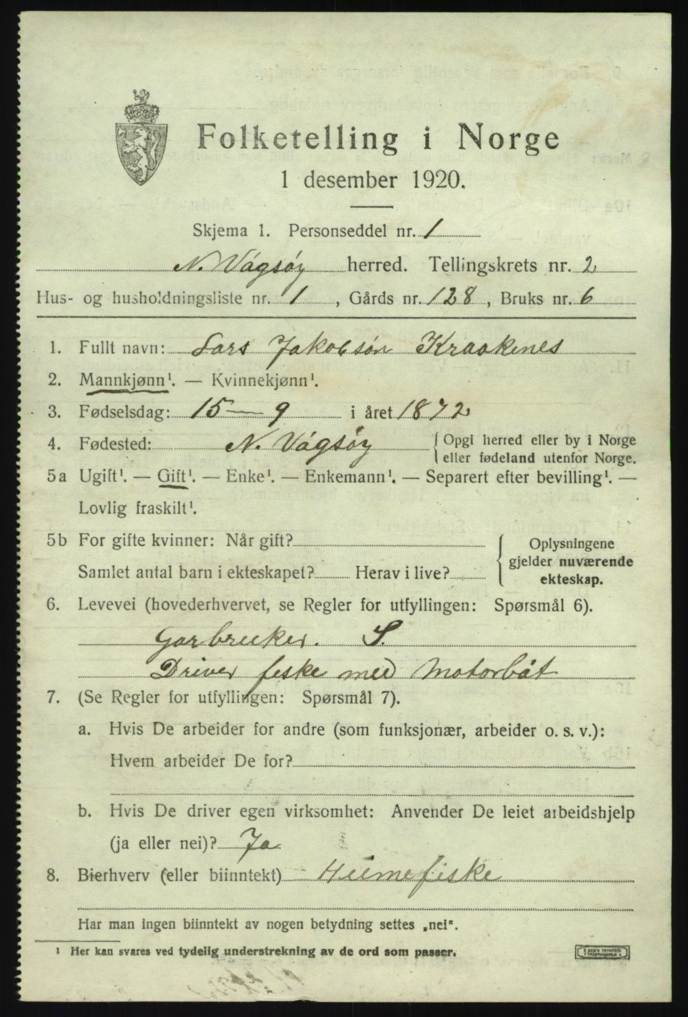 SAB, 1920 census for Nord-Vågsøy, 1920, p. 852