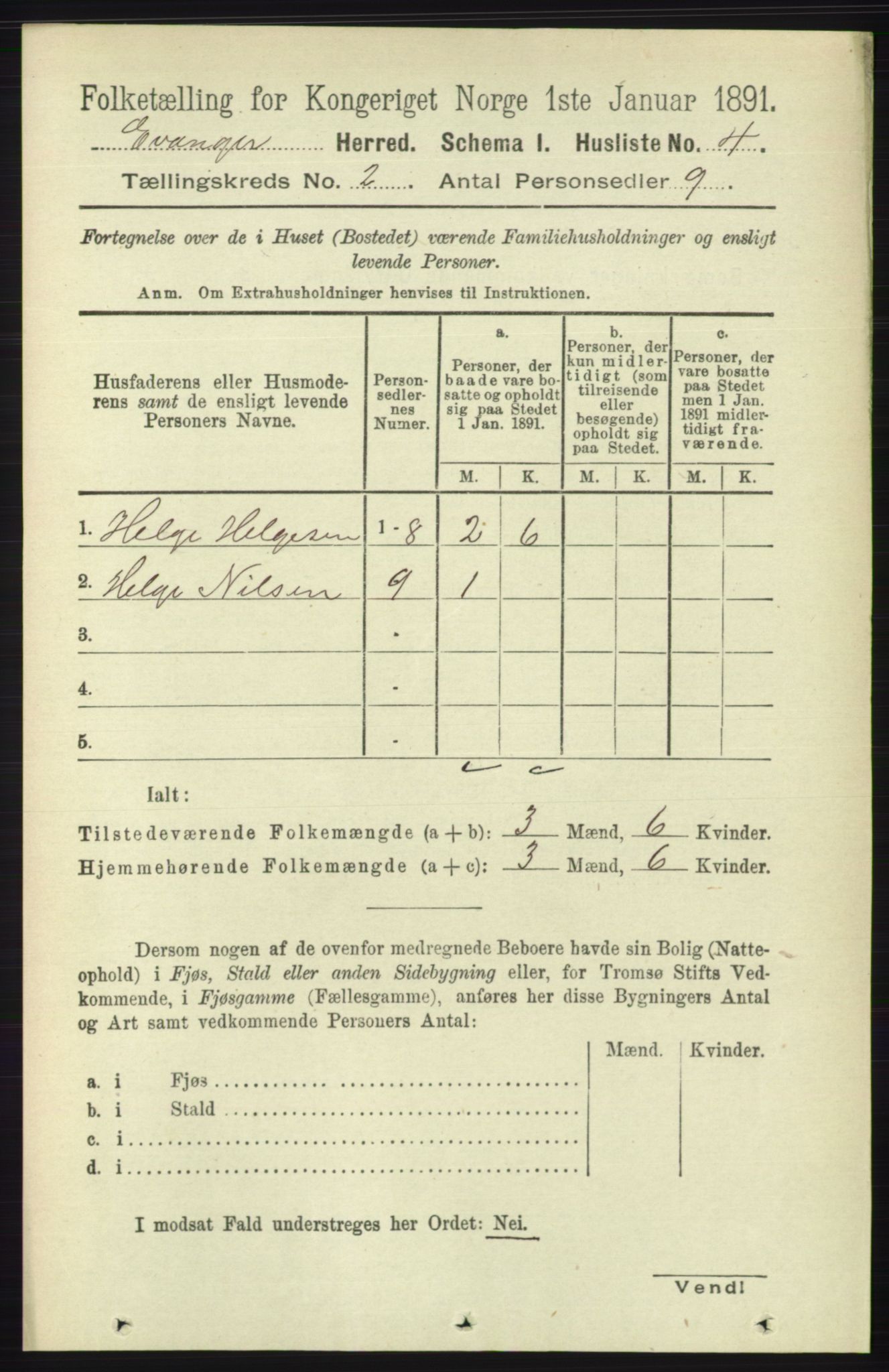 RA, 1891 census for 1237 Evanger, 1891, p. 258